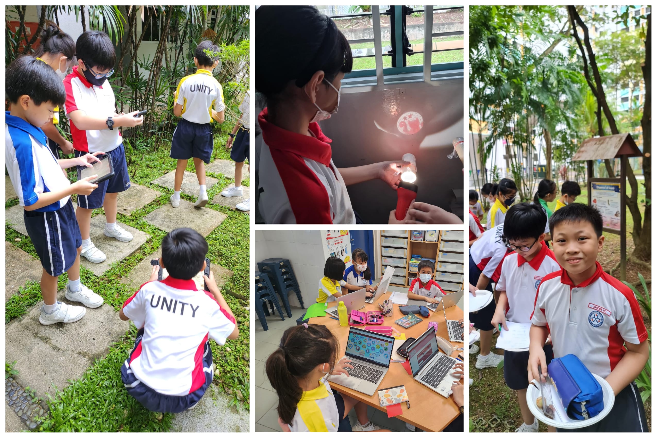Collage of schoolchildren outdoors and in class, using tablets, flashlights, laptops, and holding plates.
