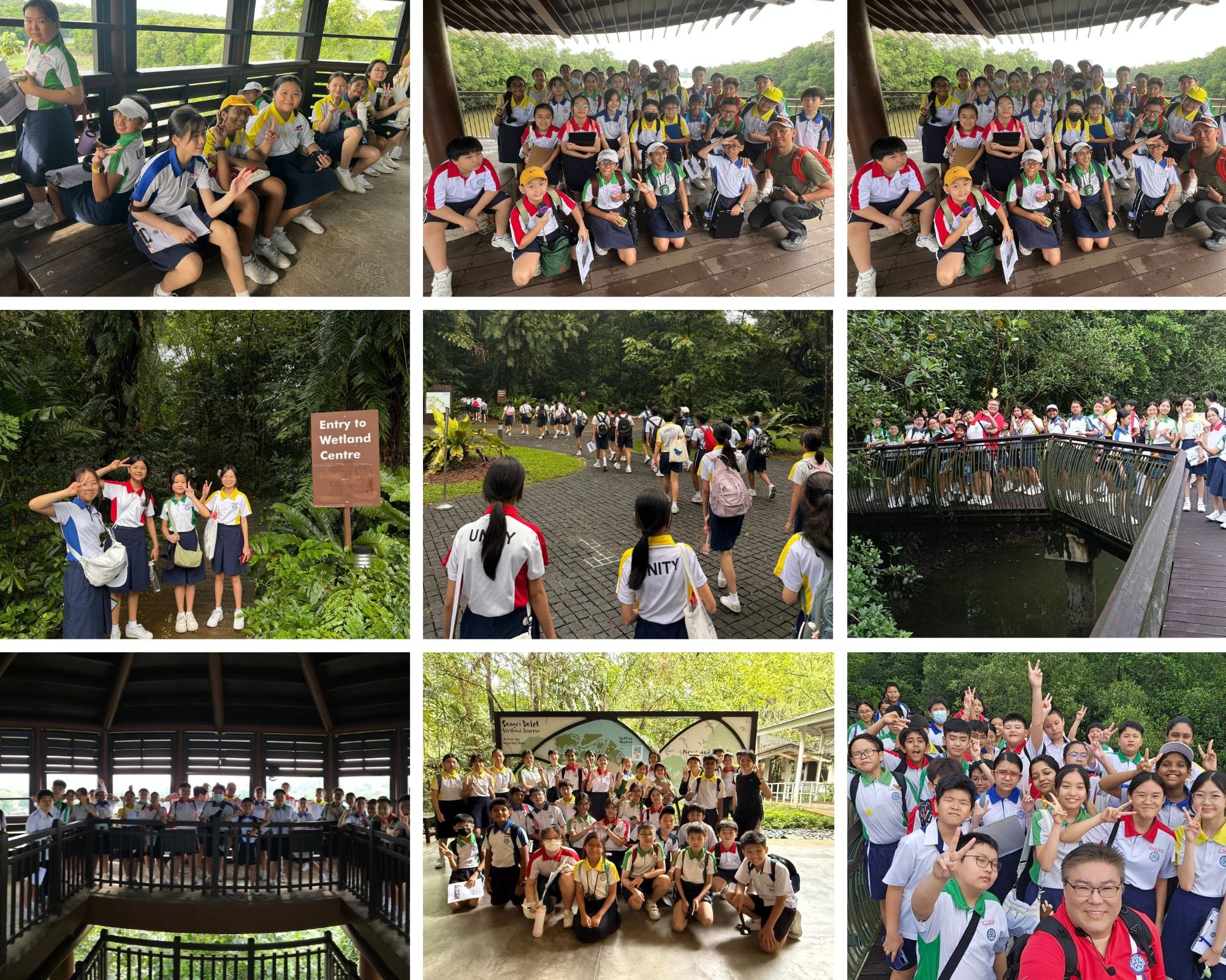 A collage of school students in uniforms on a field trip to a wetland centre surrounded by lush greenery.