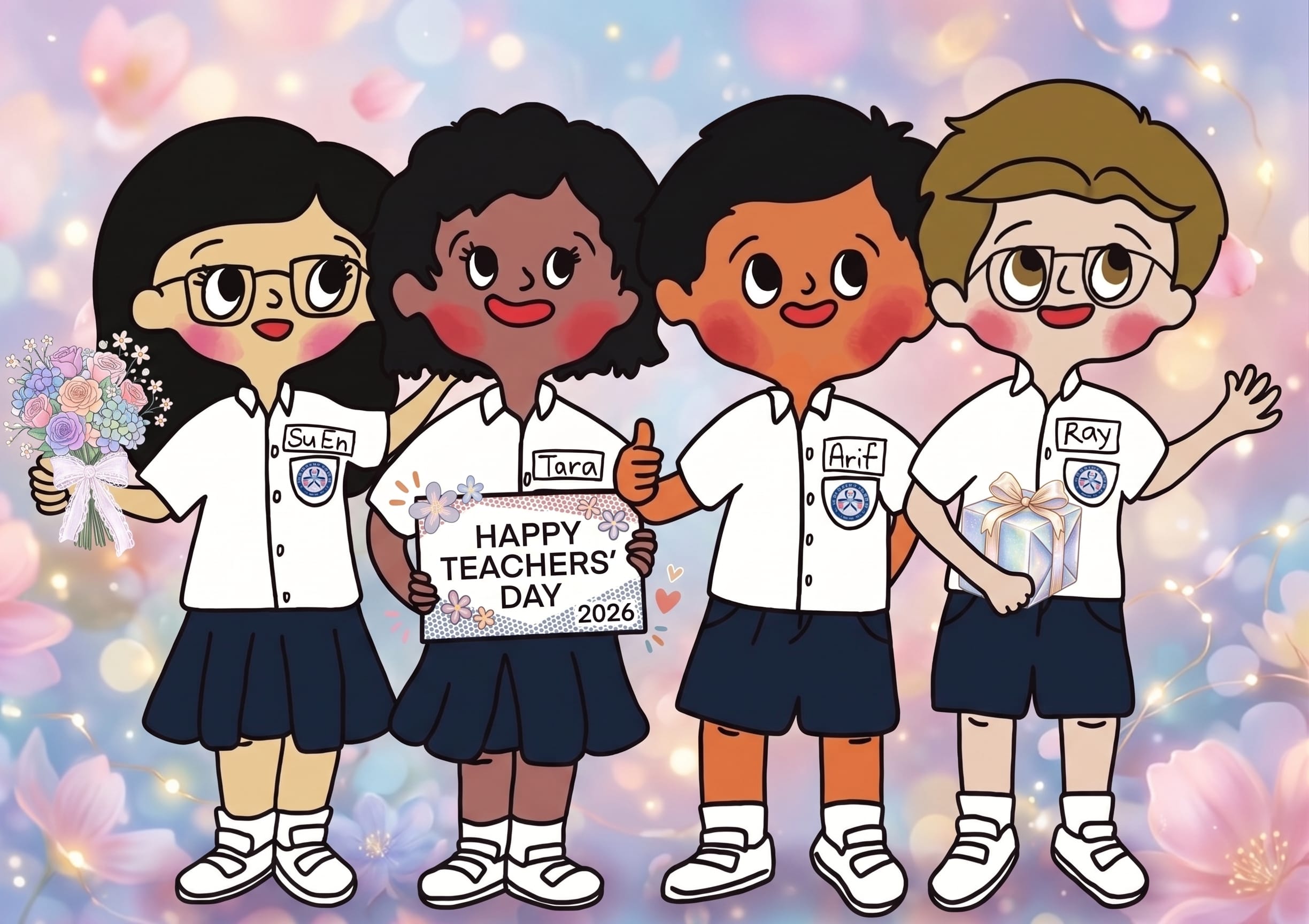4 AI-generated students holding gifts