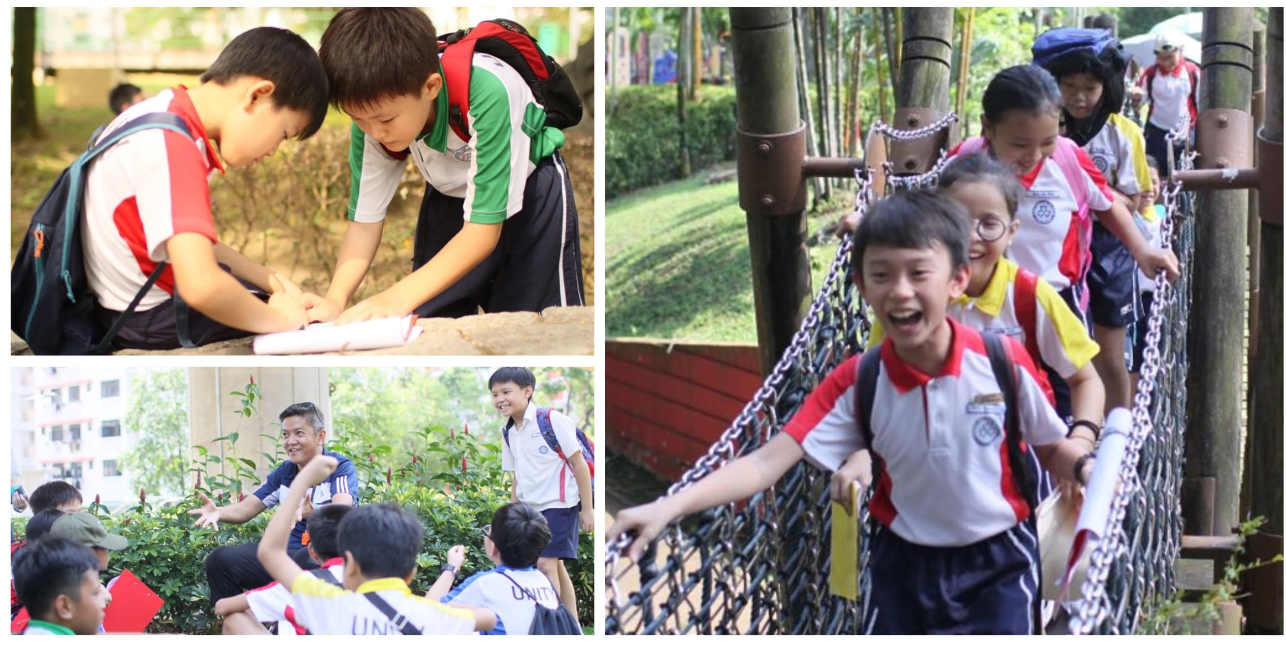 Young students in school uniforms write notes, cross a chain bridge, and sit outdoors with a teacher.