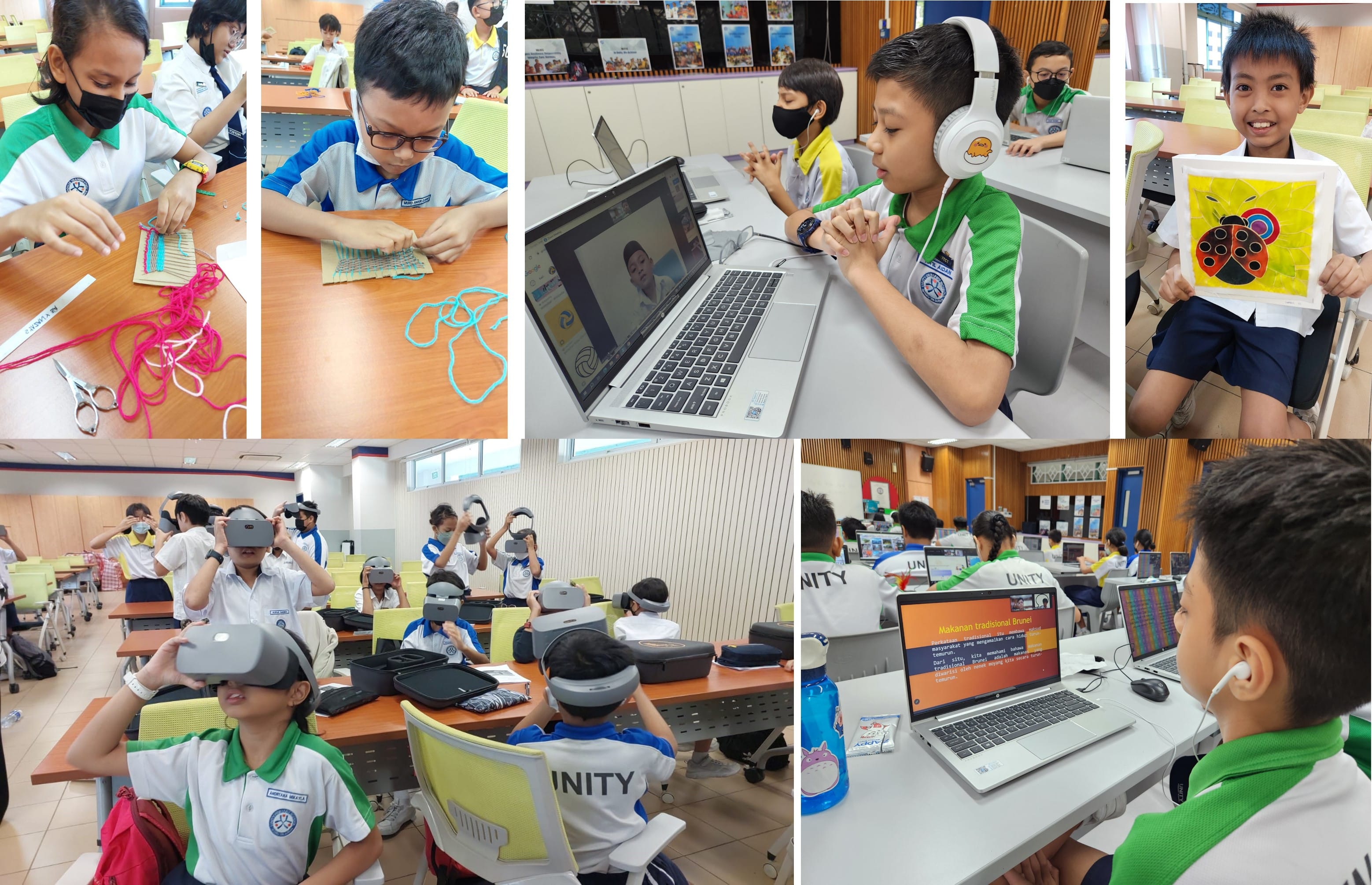 Students in uniforms doing crafts, using VR headsets, attending video calls, and viewing laptop presentations in a classroom.