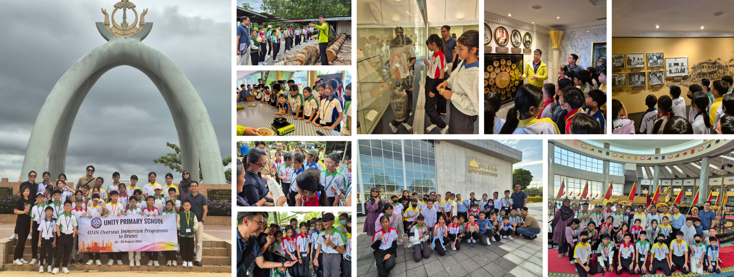 Collage of students on a Brunei trip: group photos, museum tours, and activities at landmarks and buildings.