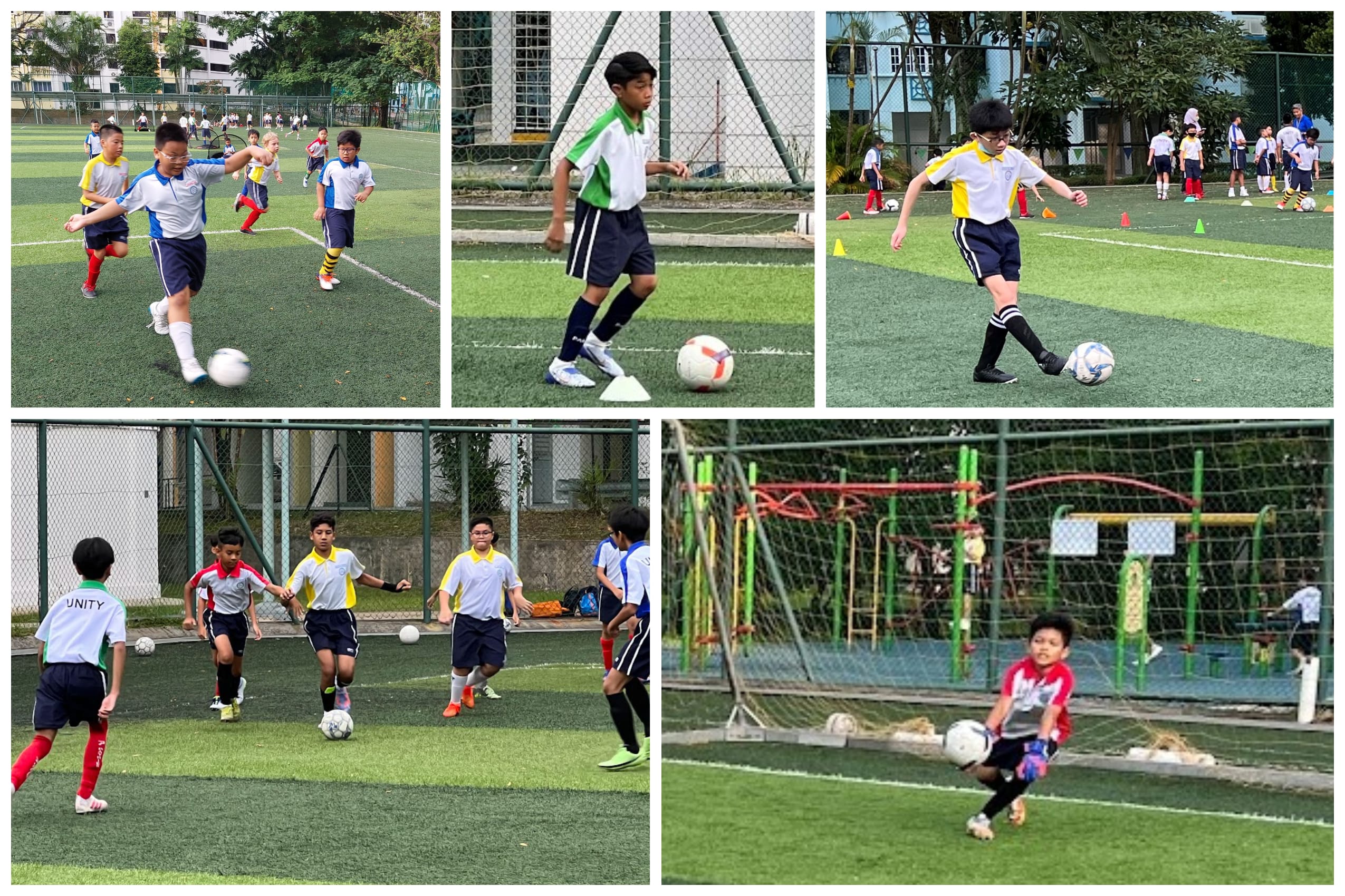 Collage of kids playing soccer on a school field, dribbling, passing, and a goalkeeper stopping a shot.