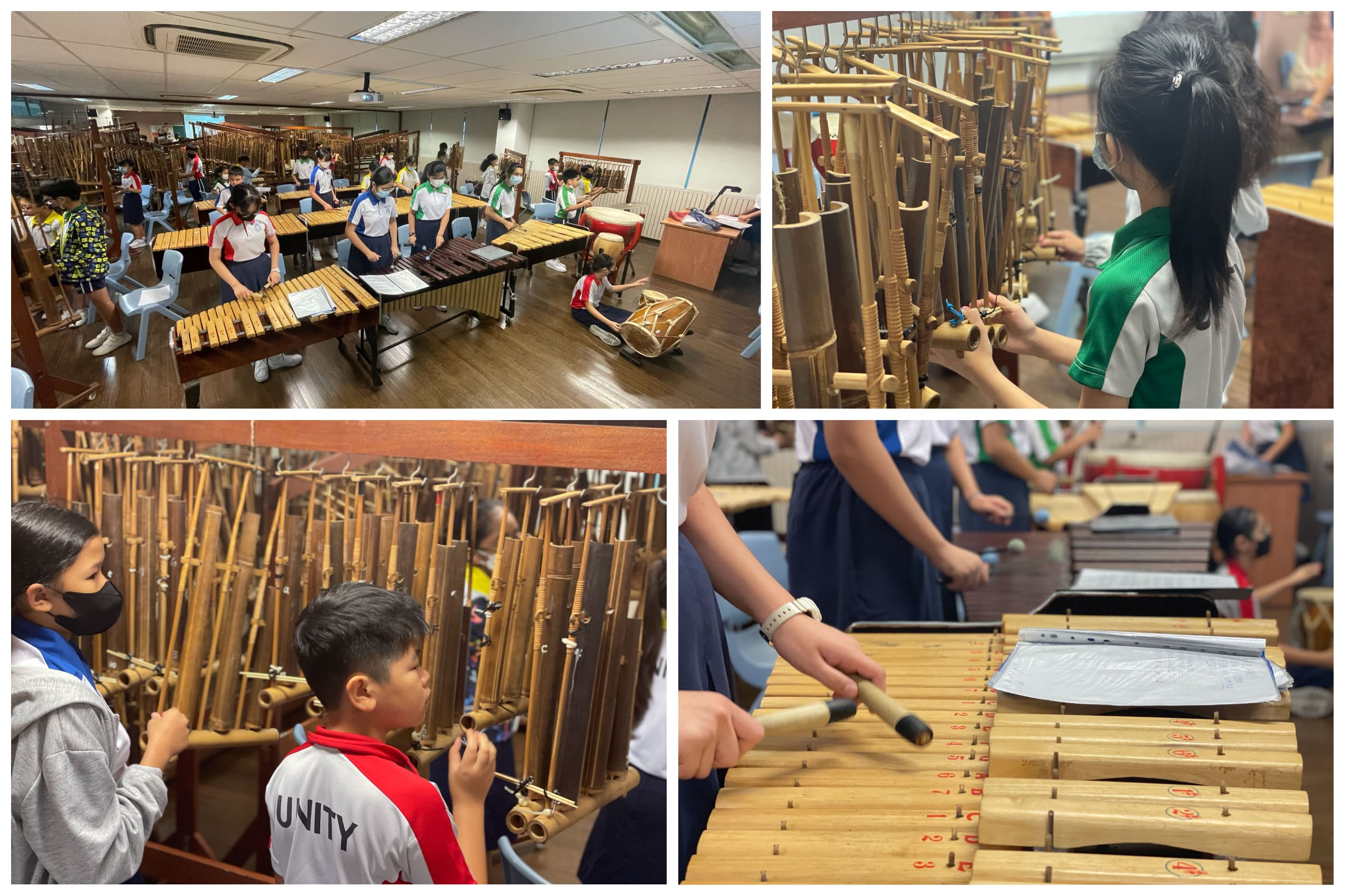Students in school uniforms playing traditional bamboo instruments and xylophones in a music classroom.