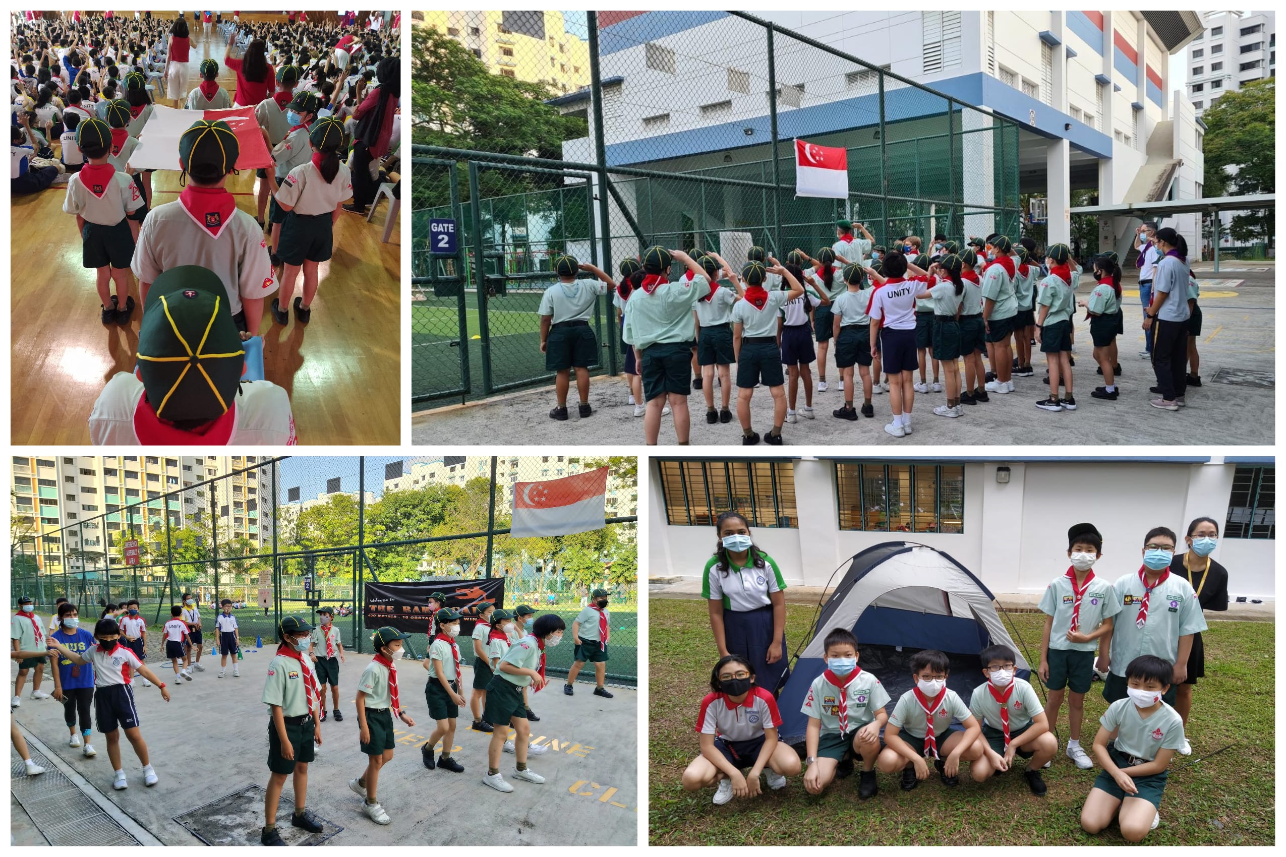 Four photos of uniformed schoolchildren saluting a flag, marching, and posing by a tent outdoors.