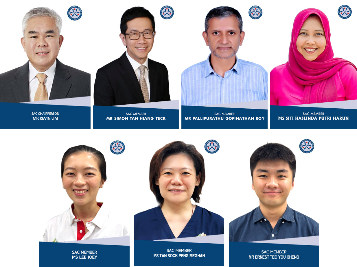 Seven School Advisory Committee members' portrait photos with names and roles labeled beneath each person.