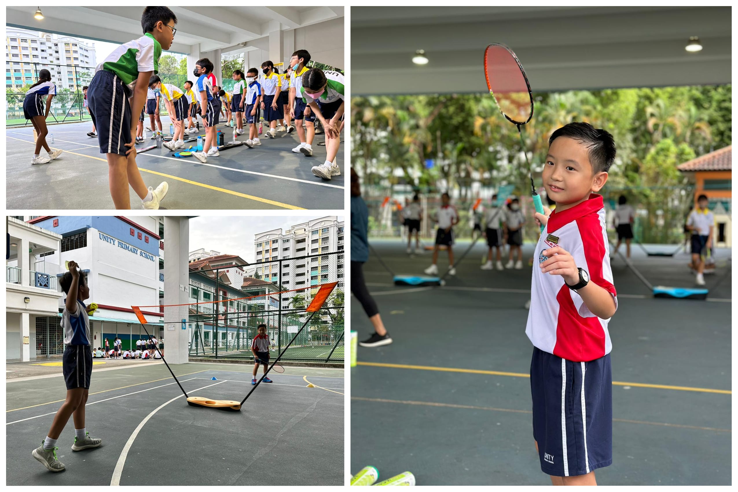 Primary school children playing badminton outdoors, one boy smiling while holding a racket up on a sports court.