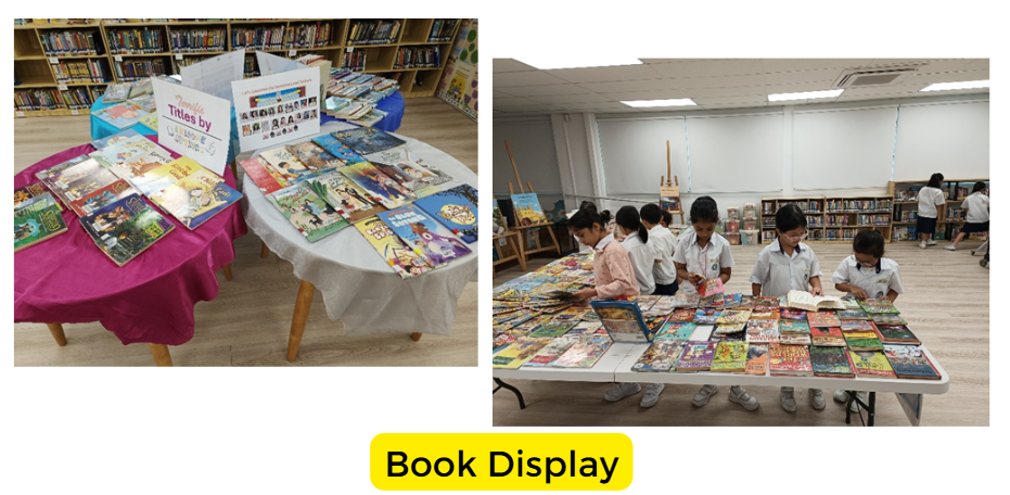 Two library scenes: a table with displayed books and a sign, and children browsing books spread on a table.