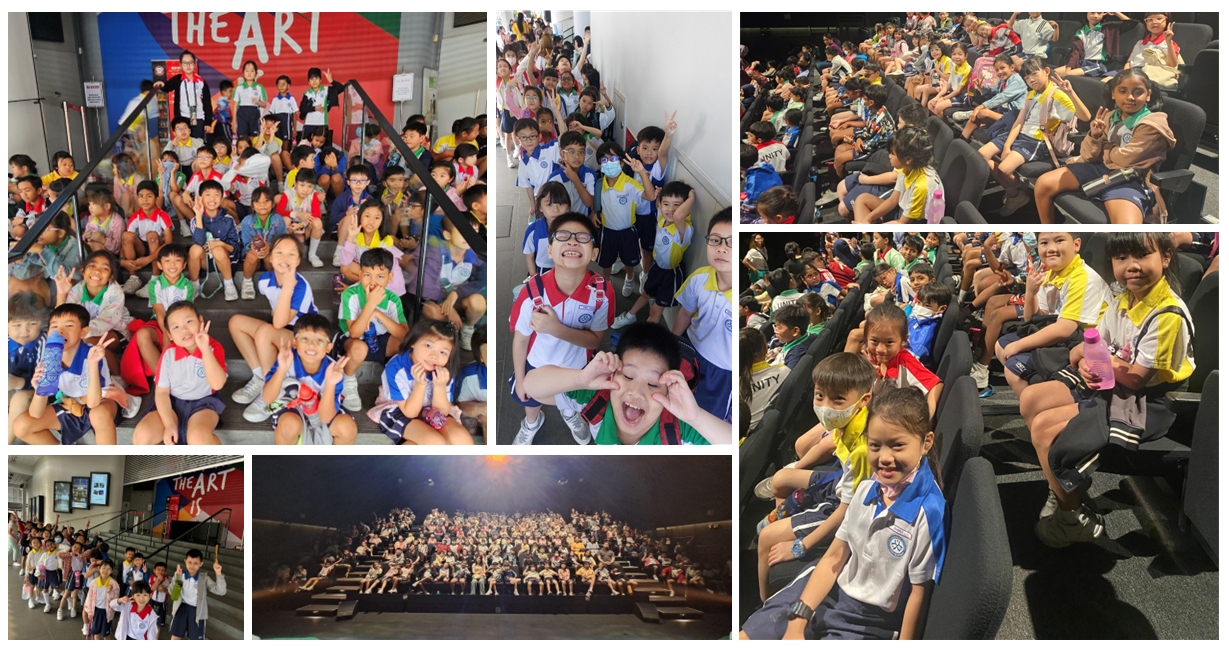 A collage of school children in uniforms posing on stairs and sitting in a theater auditorium during a field trip.