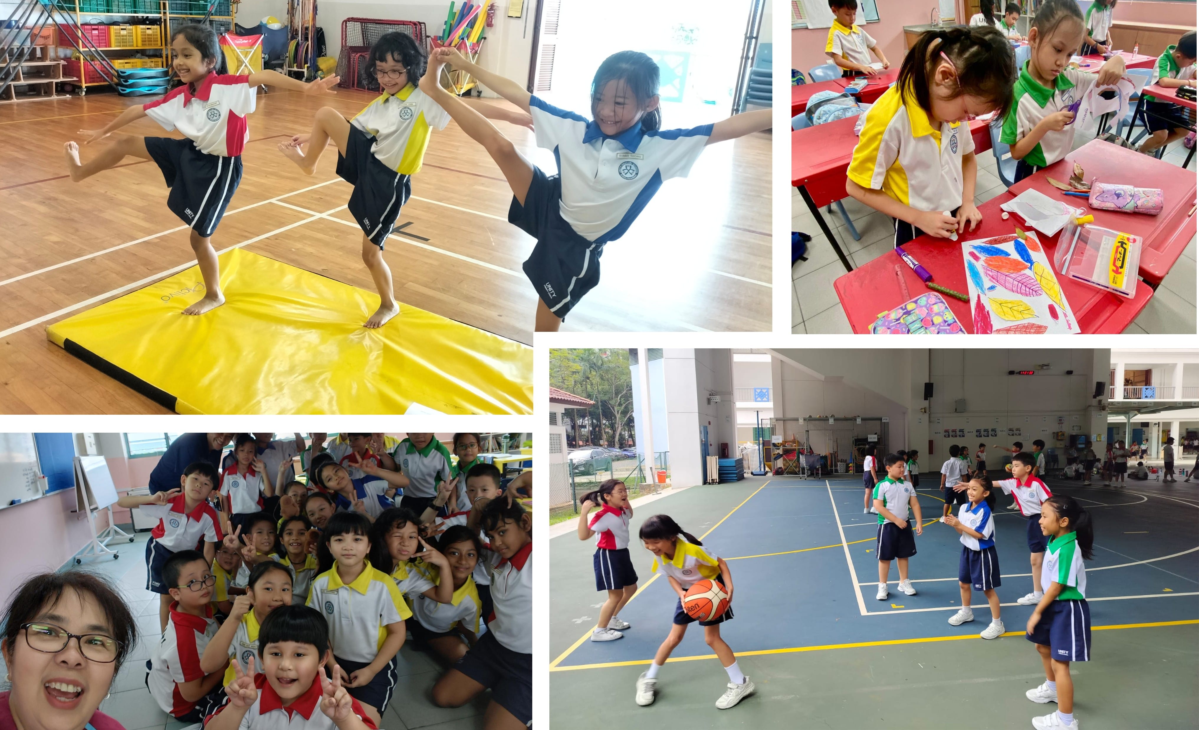 Four scenes of uniformed school children doing gymnastics, art, basketball, and posing for a group selfie.