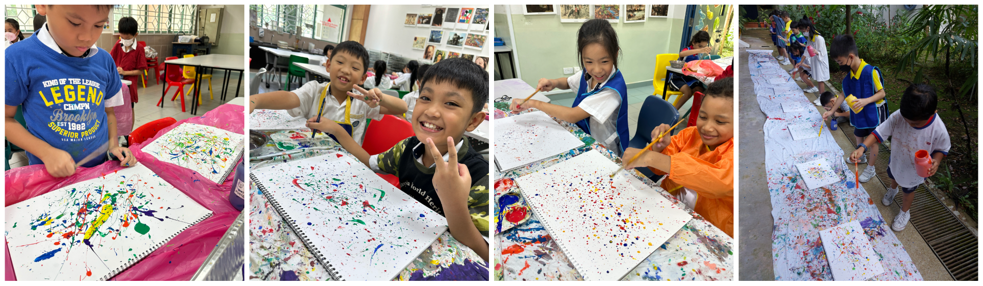 Children splatter colorful paint onto large sketchbooks indoors and outdoors during an art activity.