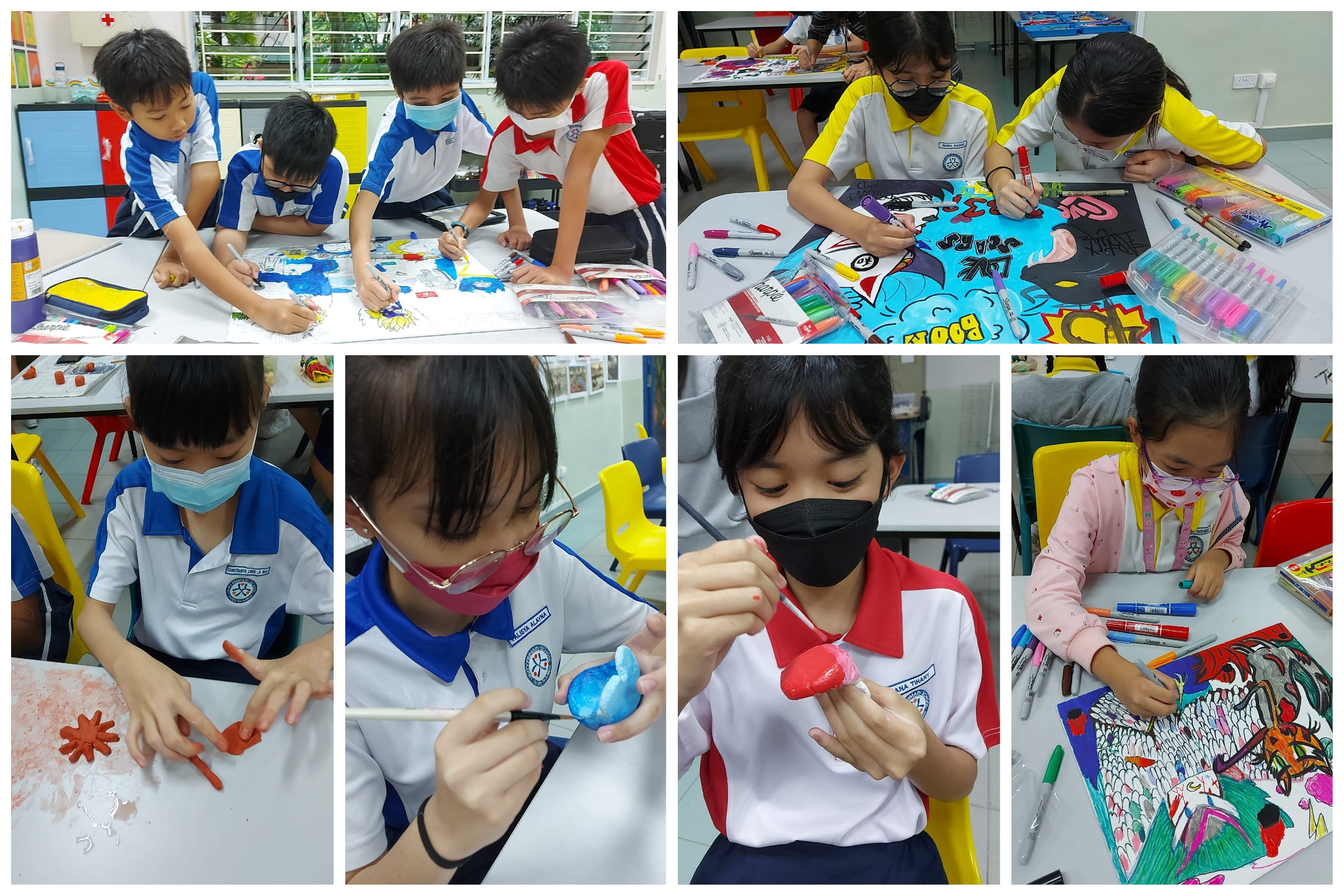 Six masked school children doing art activities including drawing with markers and painting small clay sculptures.