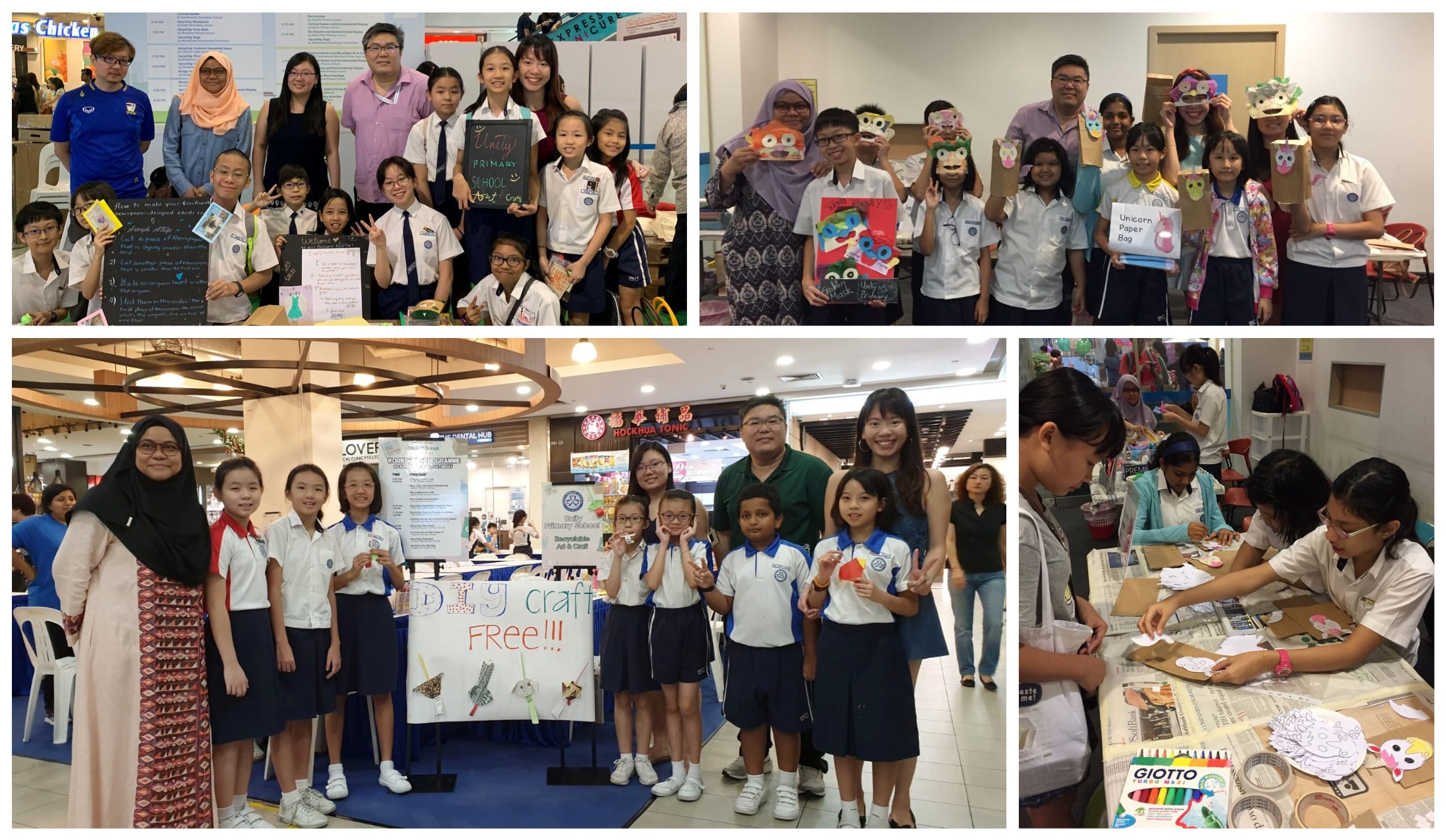 Students and teachers pose with handmade crafts and signs at a school DIY art and craft event in a mall.
