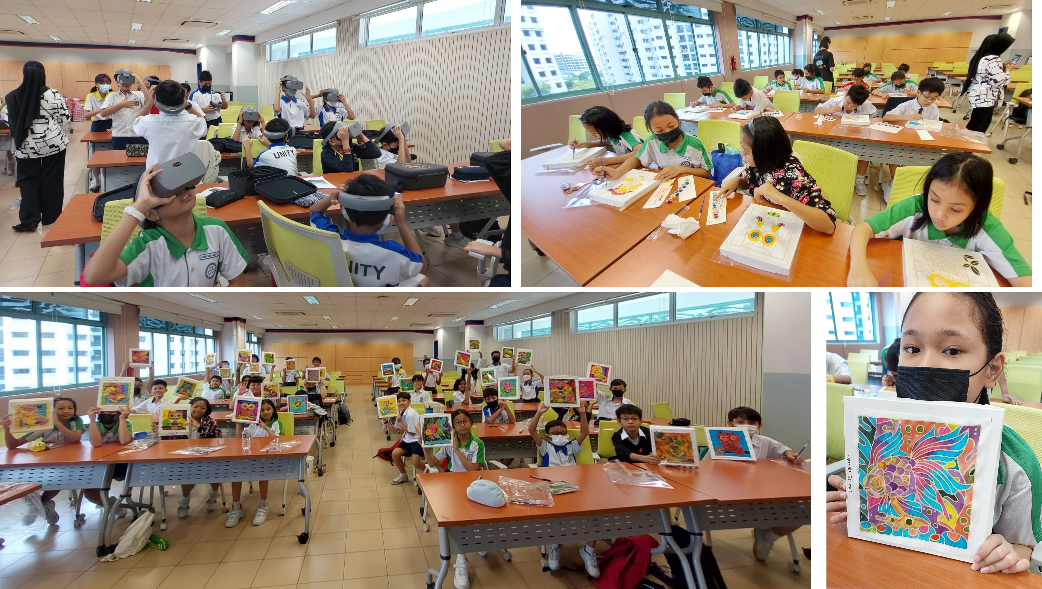 Students in a classroom use VR headsets, paint artwork, and display colorful finished pieces during a school activity.