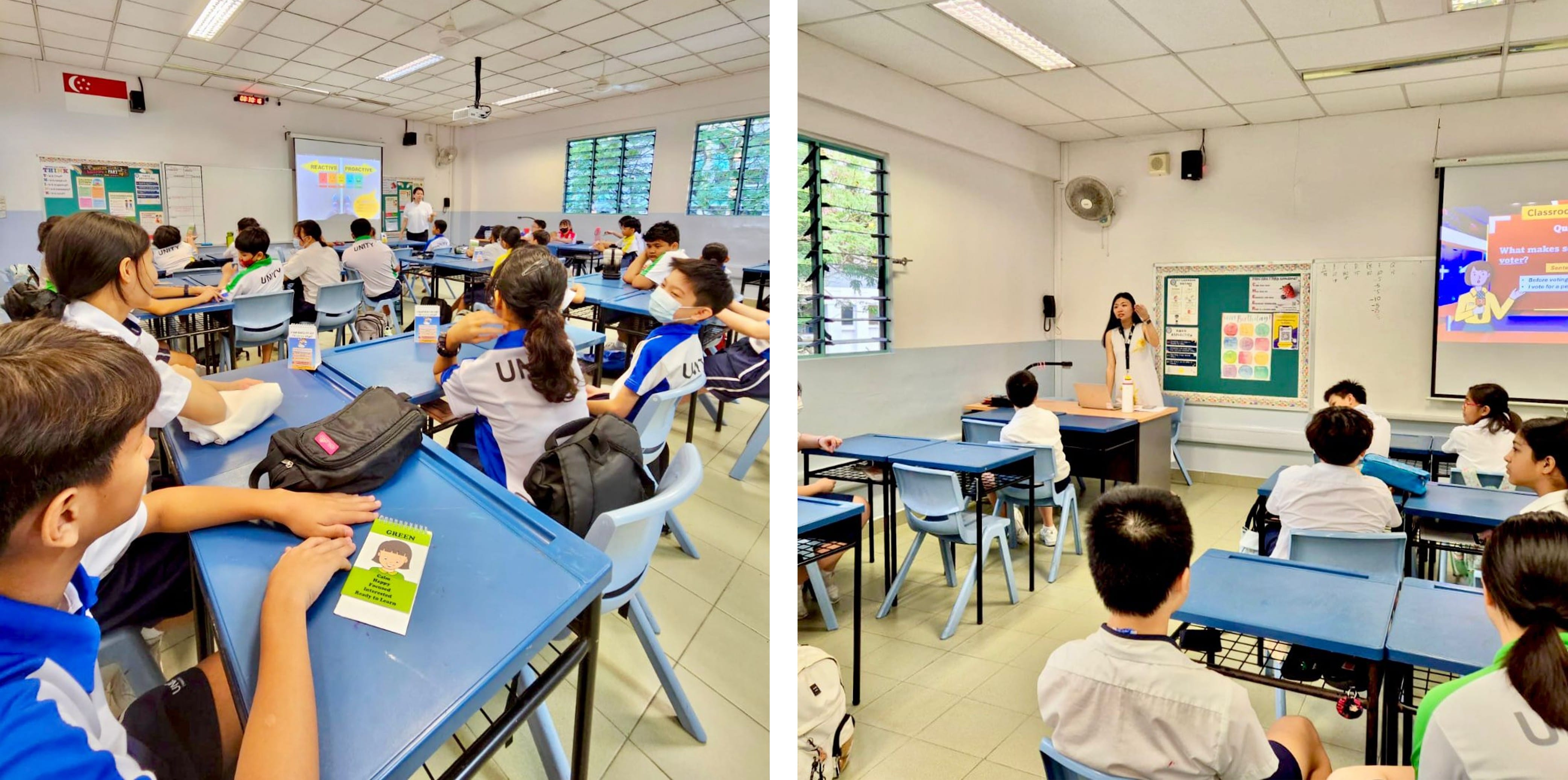 Two classroom scenes with uniformed students at blue desks facing a female teacher presenting a slideshow.