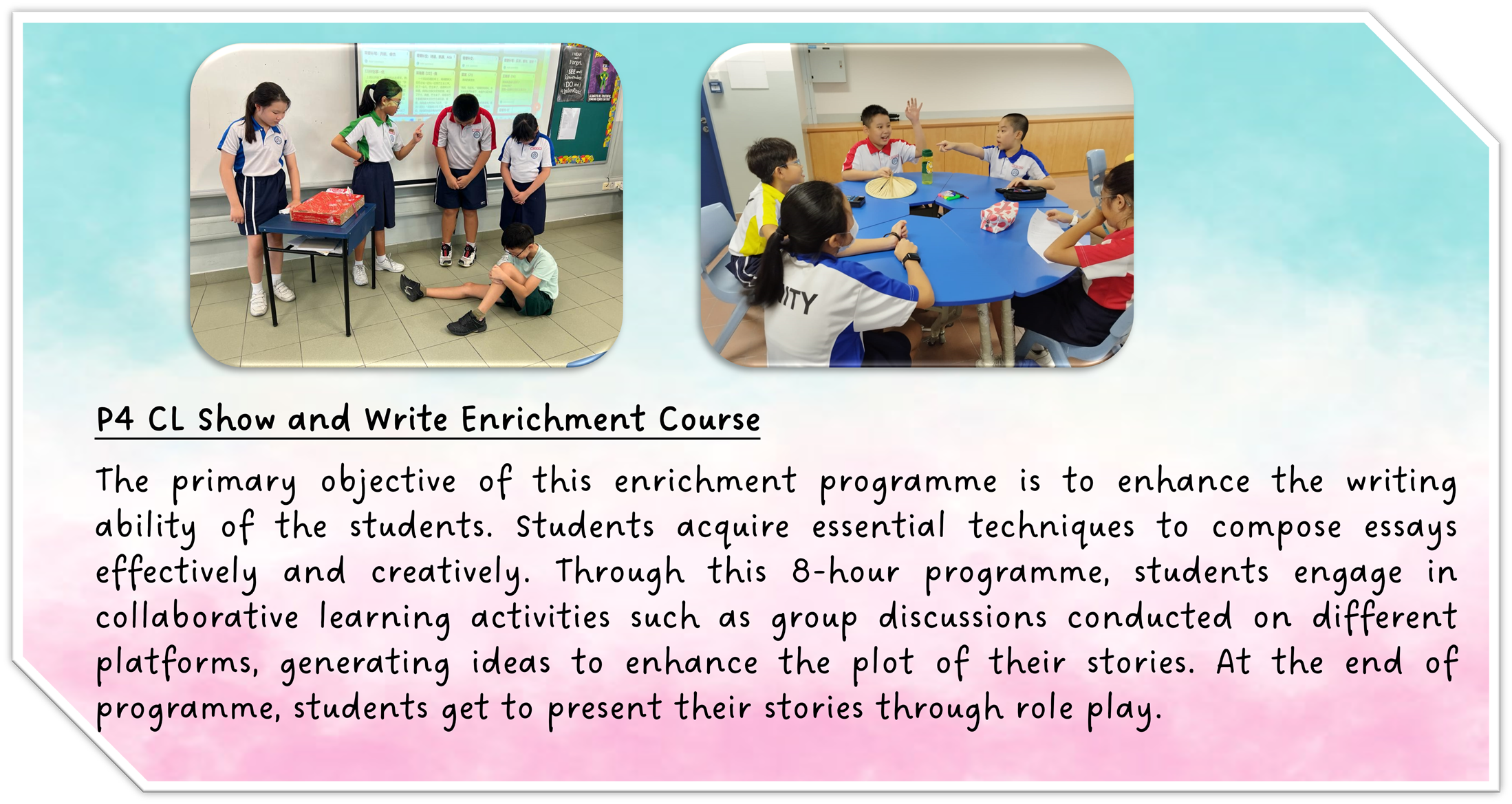 Students in school uniforms doing a role play activity and group discussion at a blue table in a classroom.