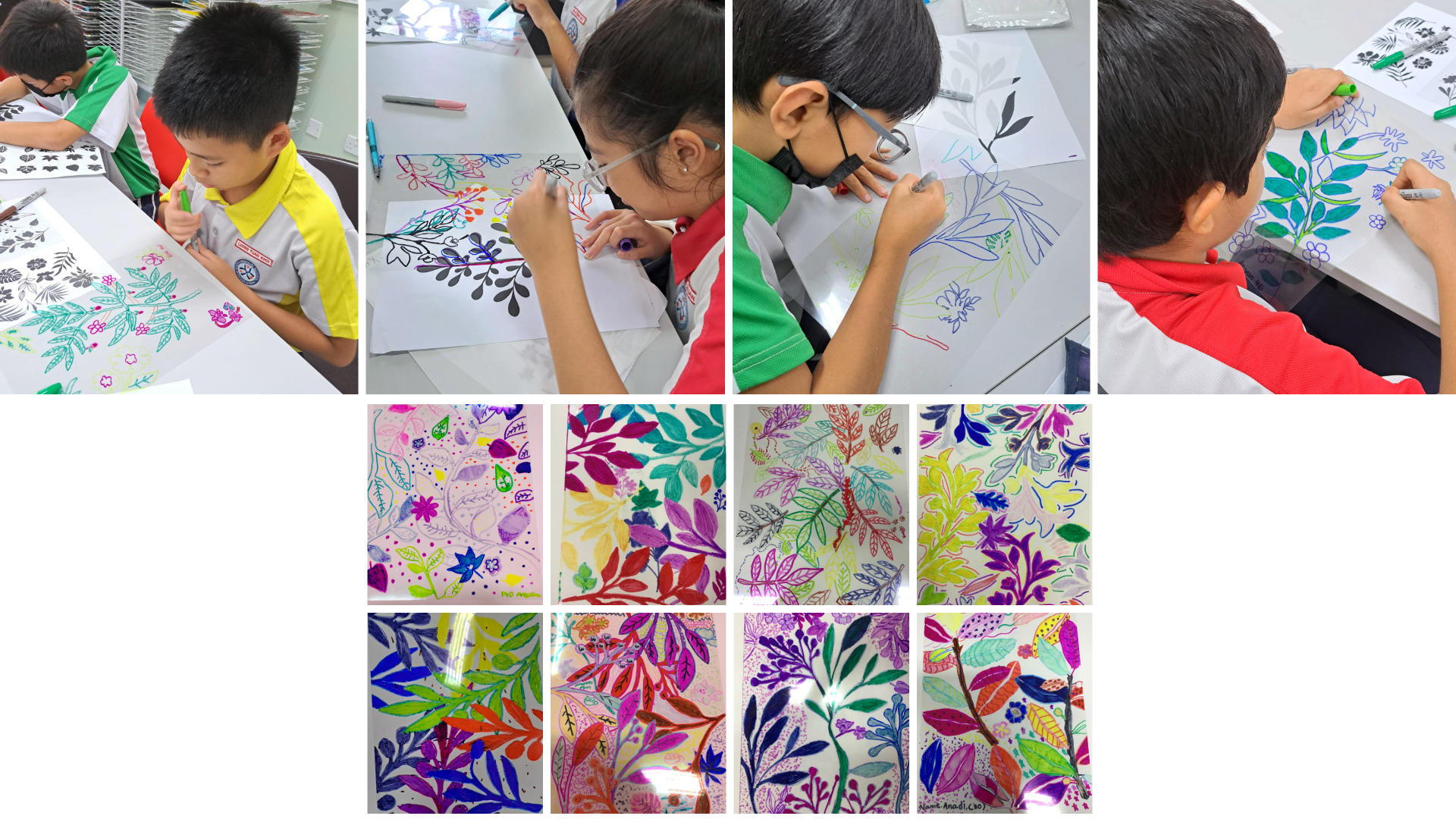 Children drawing colorful leaf and floral patterns on paper using markers, with finished artworks displayed below.