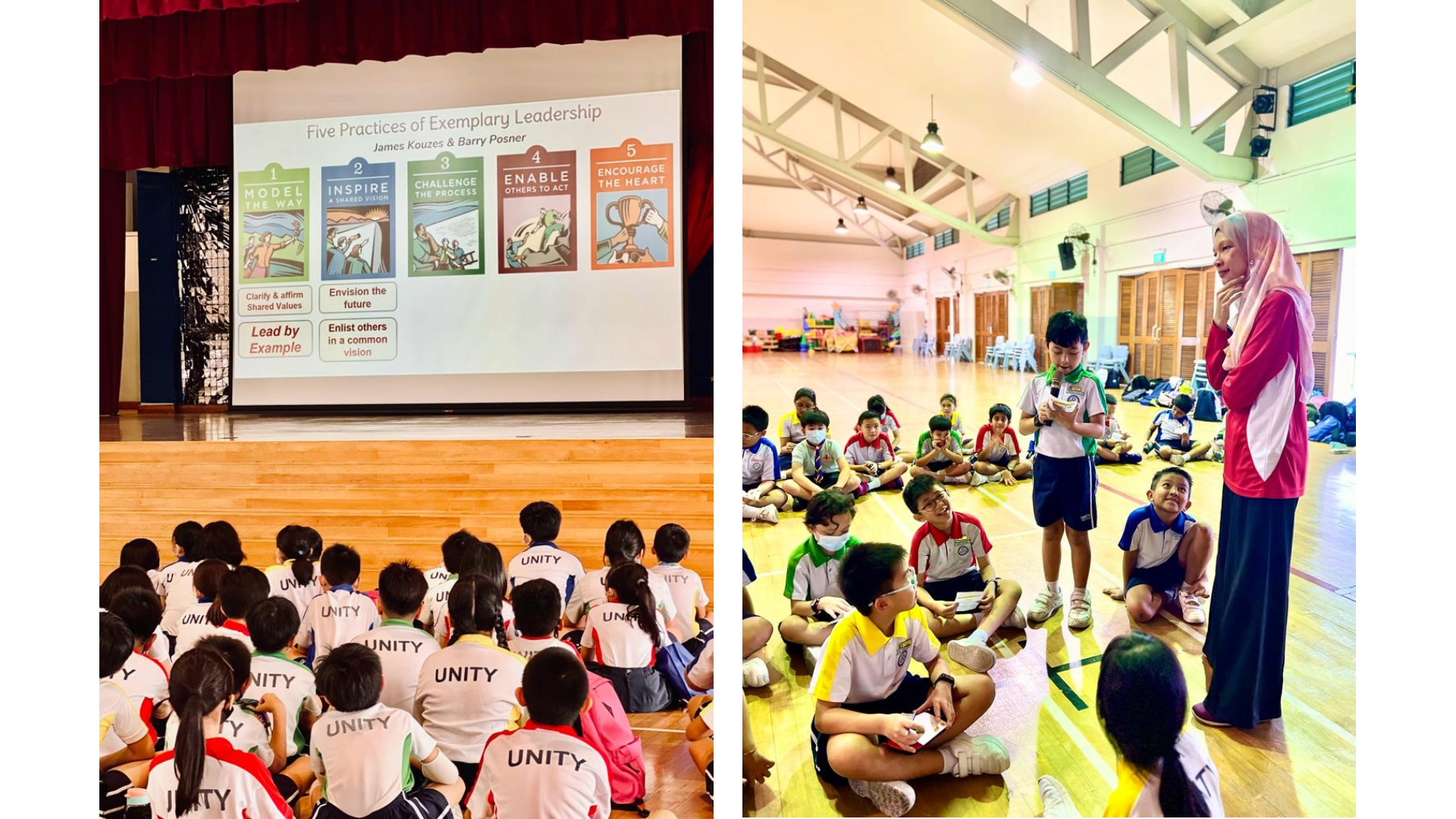 Students in Unity shirts watch a leadership slideshow; right shows a teacher and student with mic addressing seated children.