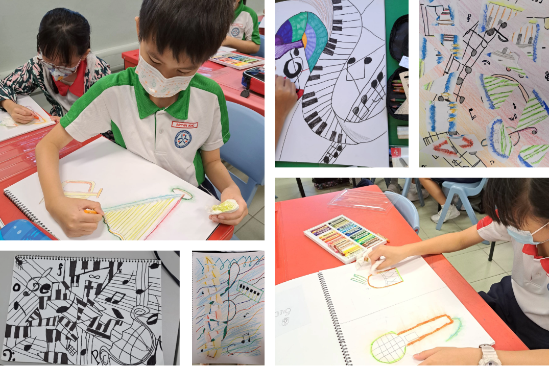 Children wearing masks draw music-themed artwork with crayons, showing colorful sketches of notes and piano keys.