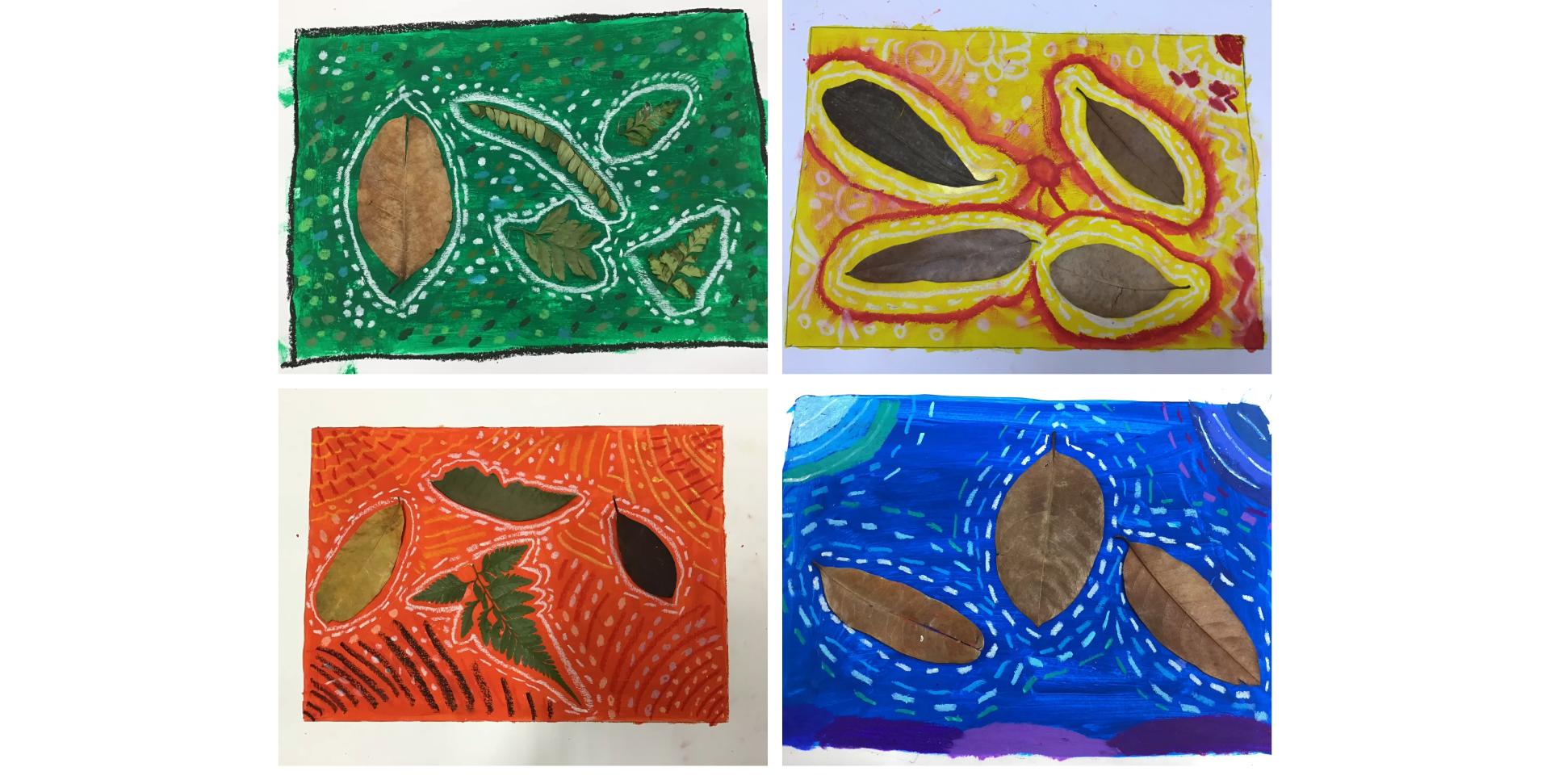 Four children's artworks with real leaves collaged onto painted backgrounds in green, yellow, orange, and blue.