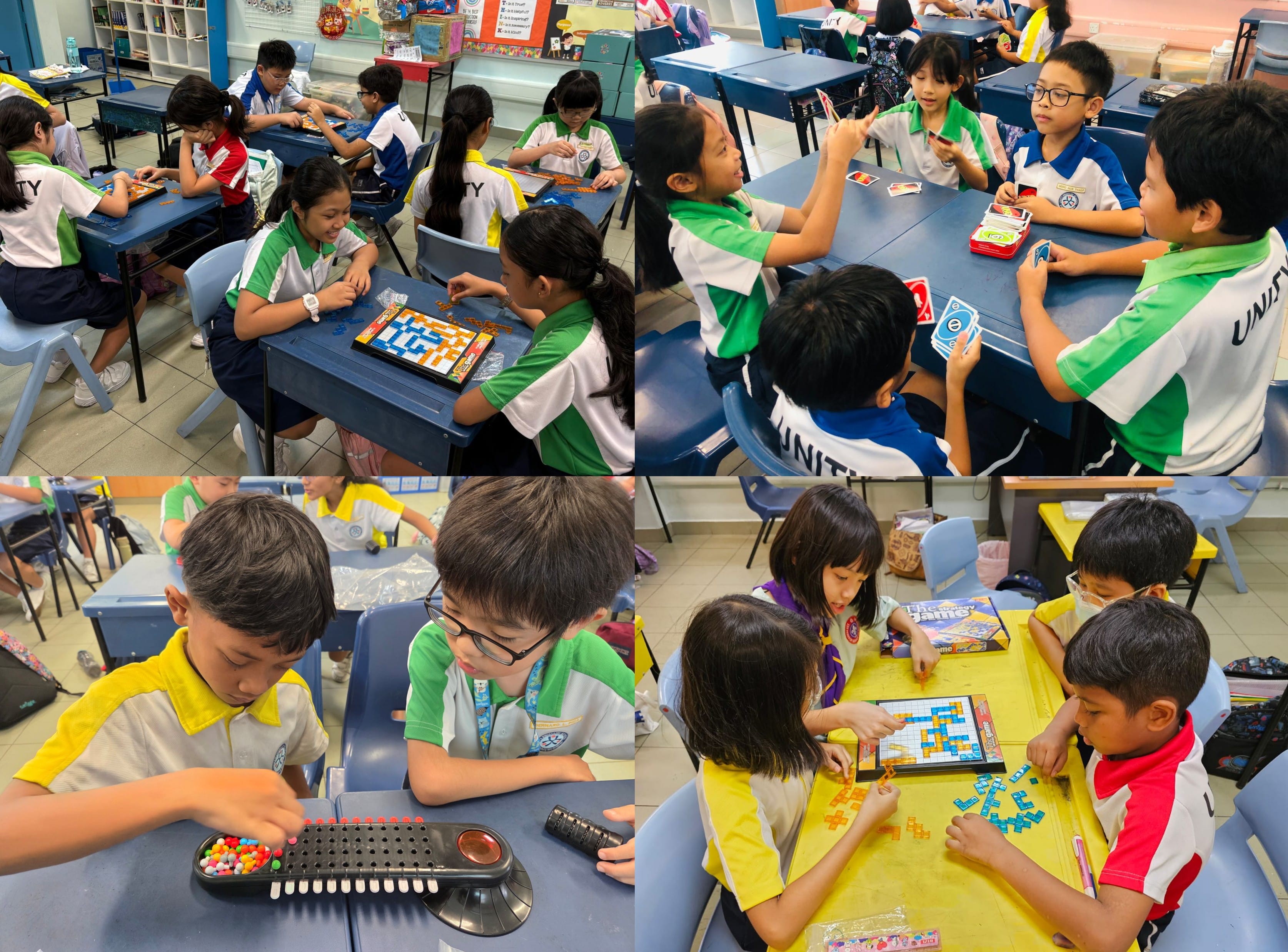Children in school uniforms playing board games and card games like Uno and Scrabble at classroom desks.