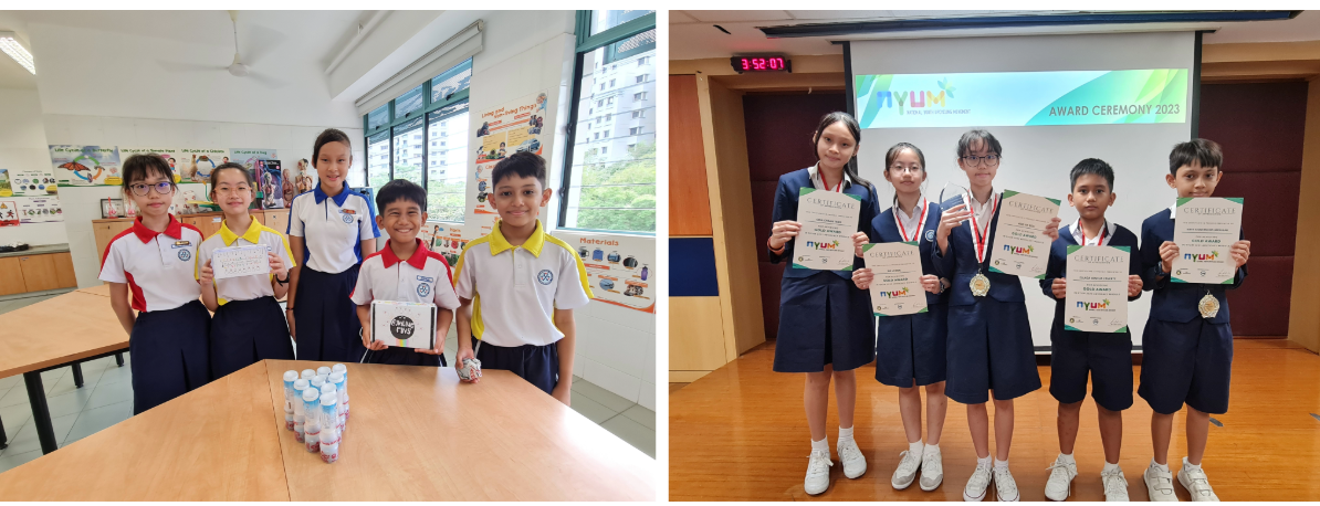 Six students in a classroom and five students holding certificates with medals at NYUM Award Ceremony 2023.