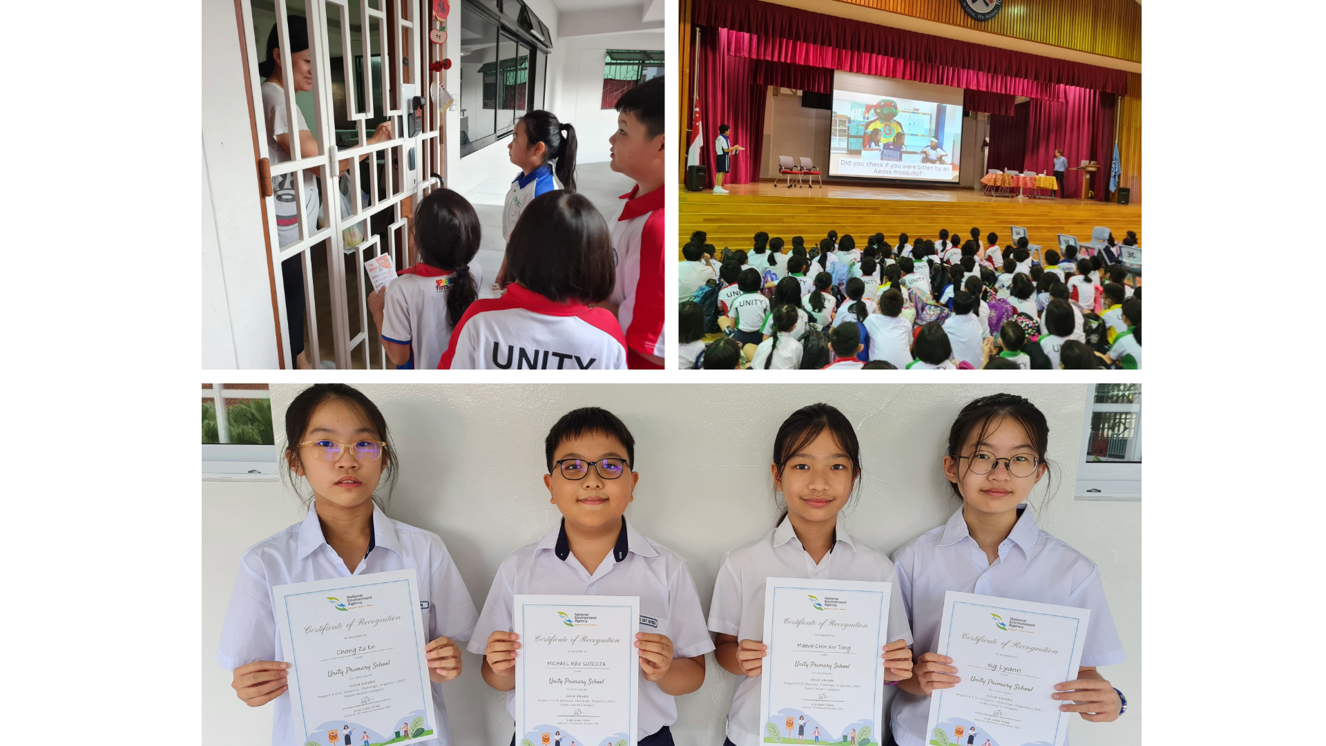 Four Unity Primary School students hold Certificates of Recognition, with school assembly and hallway scenes above.