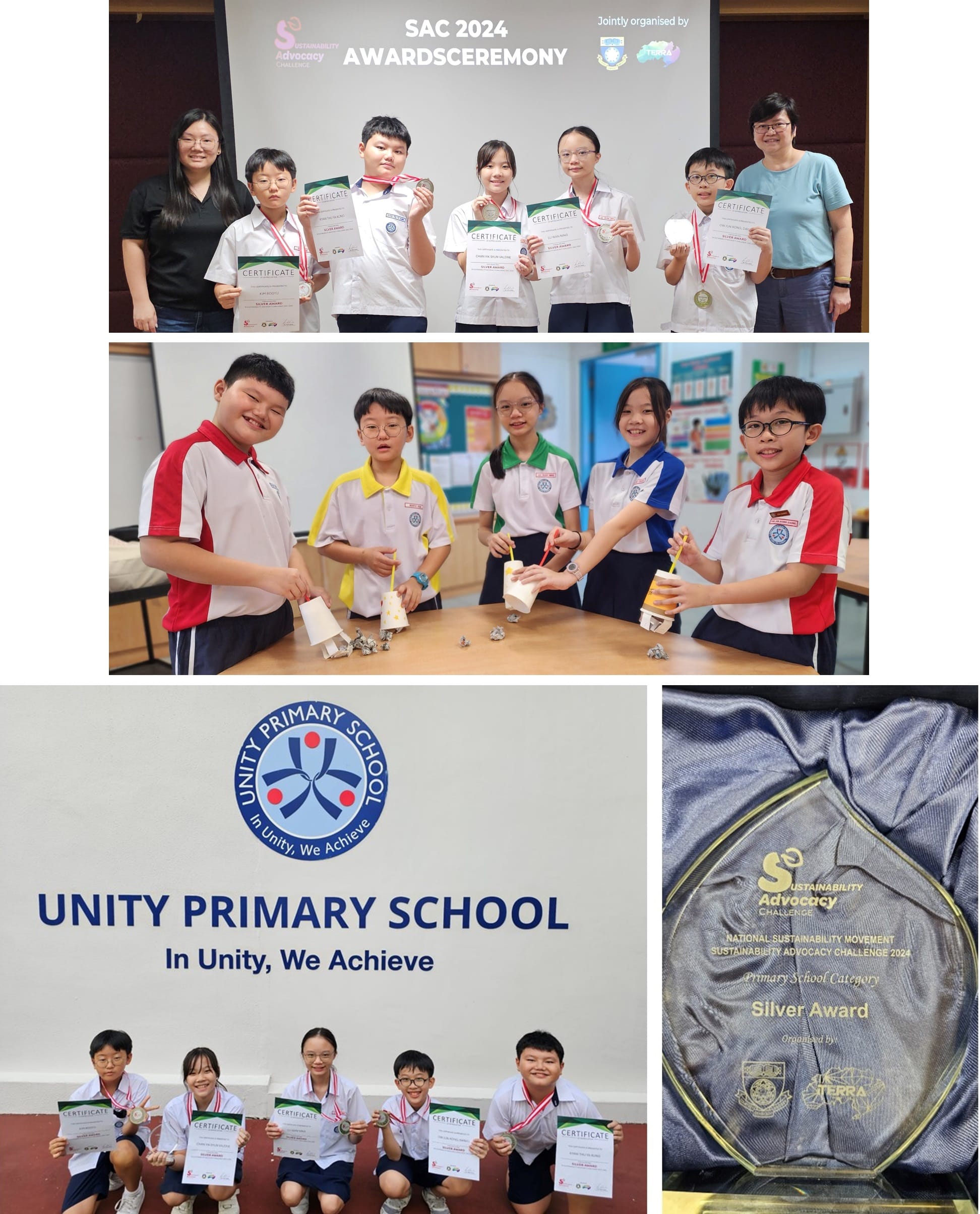 Unity Primary School students display certificates and medals at SAC 2024 Awards Ceremony, alongside a Silver Award trophy.