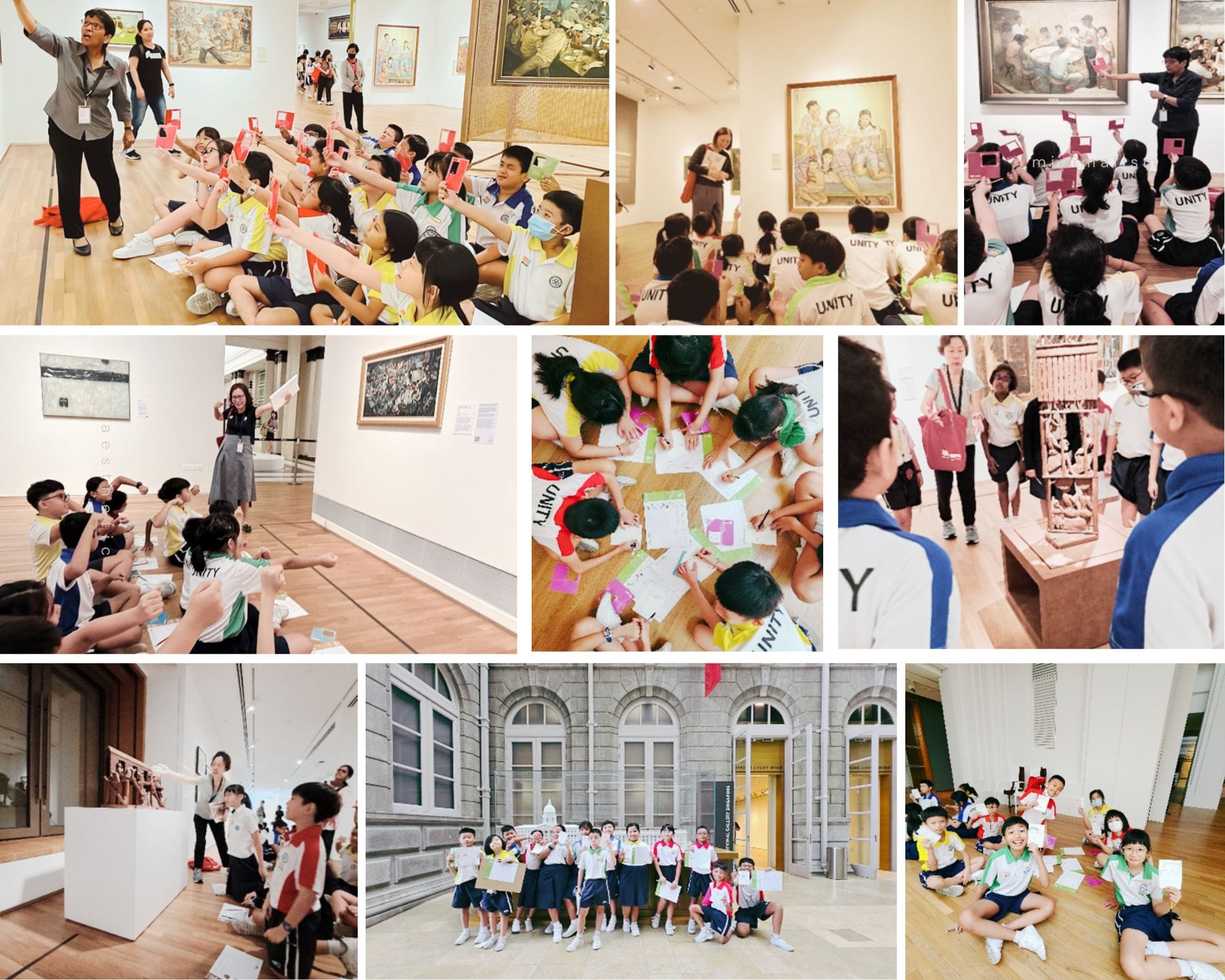School children in Unity uniforms on a museum field trip, viewing art, drawing, and posing outside a gallery building.