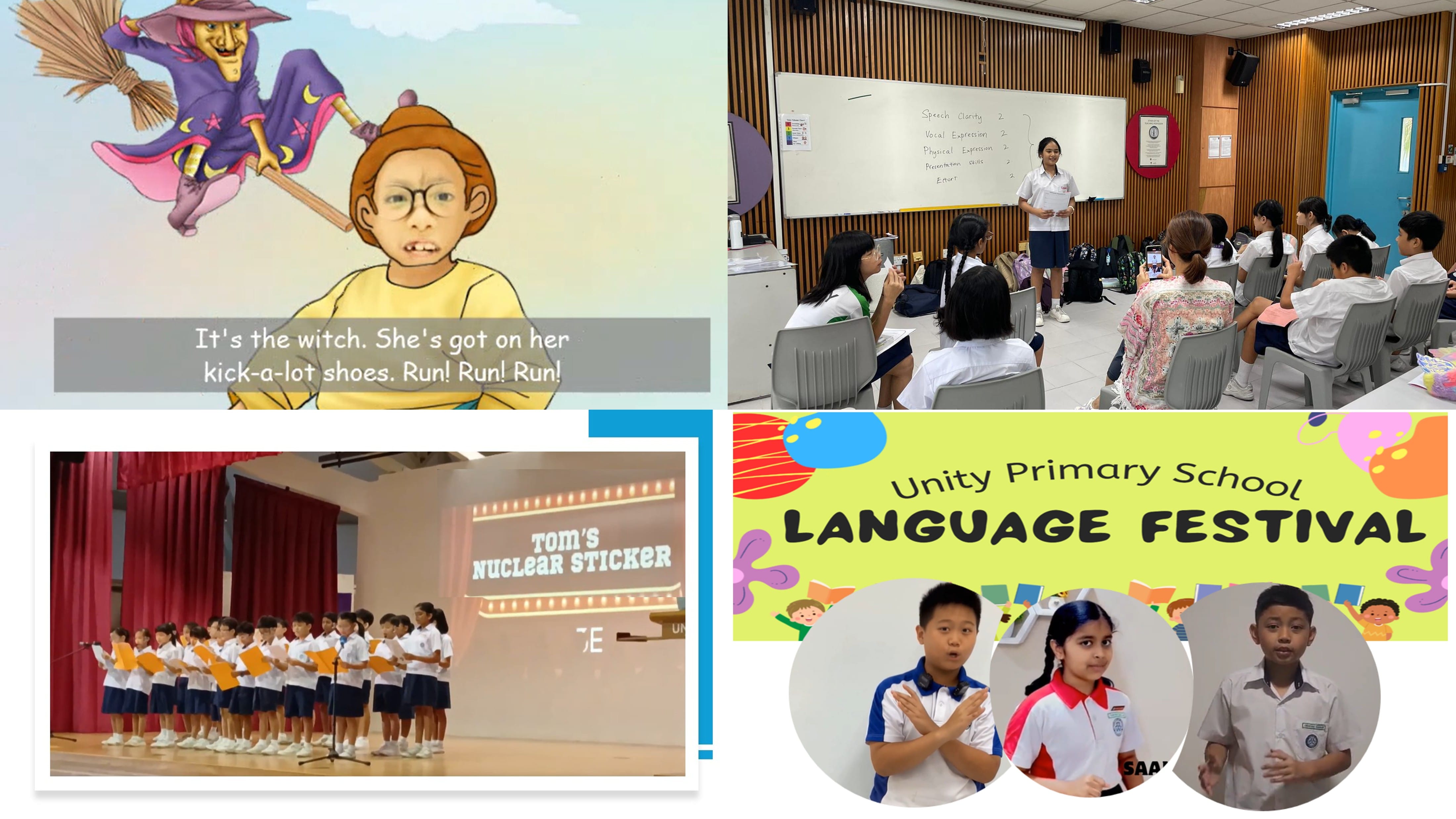 Four-panel collage showing Unity Primary School Language Festival with students performing, presenting, and a witch storybook illustration.
