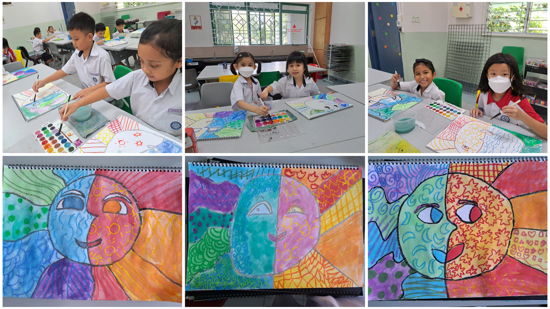 Six-panel collage of children painting colorful split-face sun and moon drawings in a classroom.