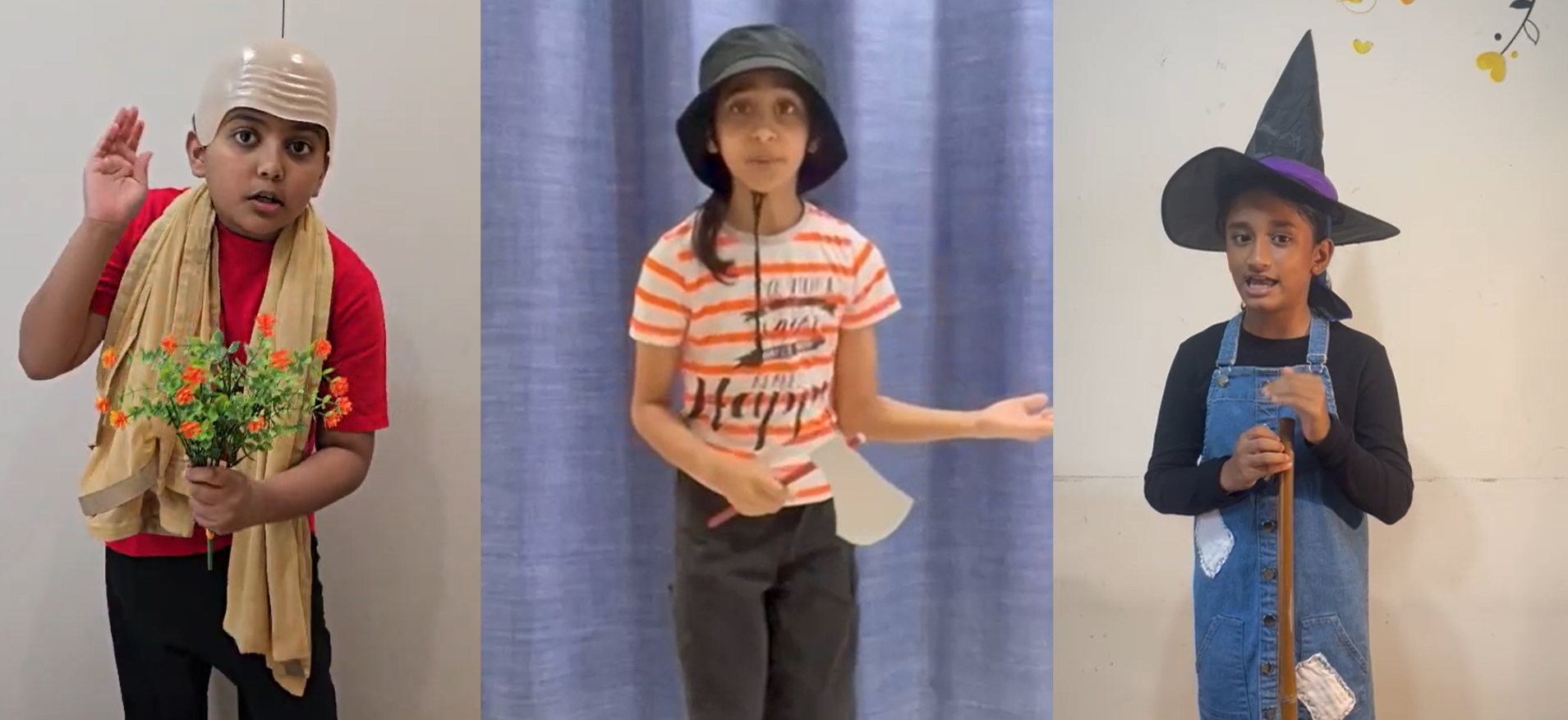 Three students in costumes doing storytelling