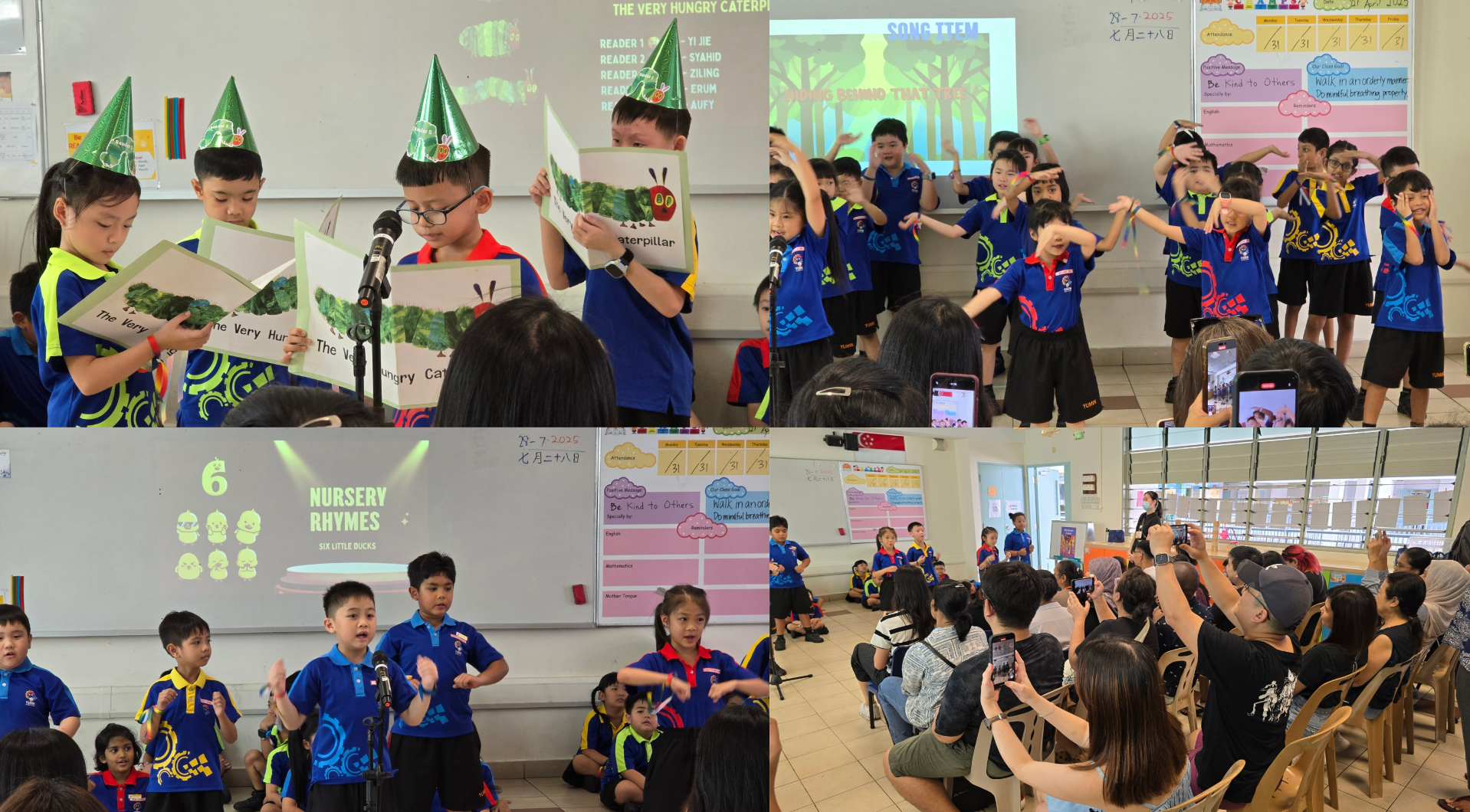 Students performing nursery rhymes and read books to an audience of parents in their classroom.