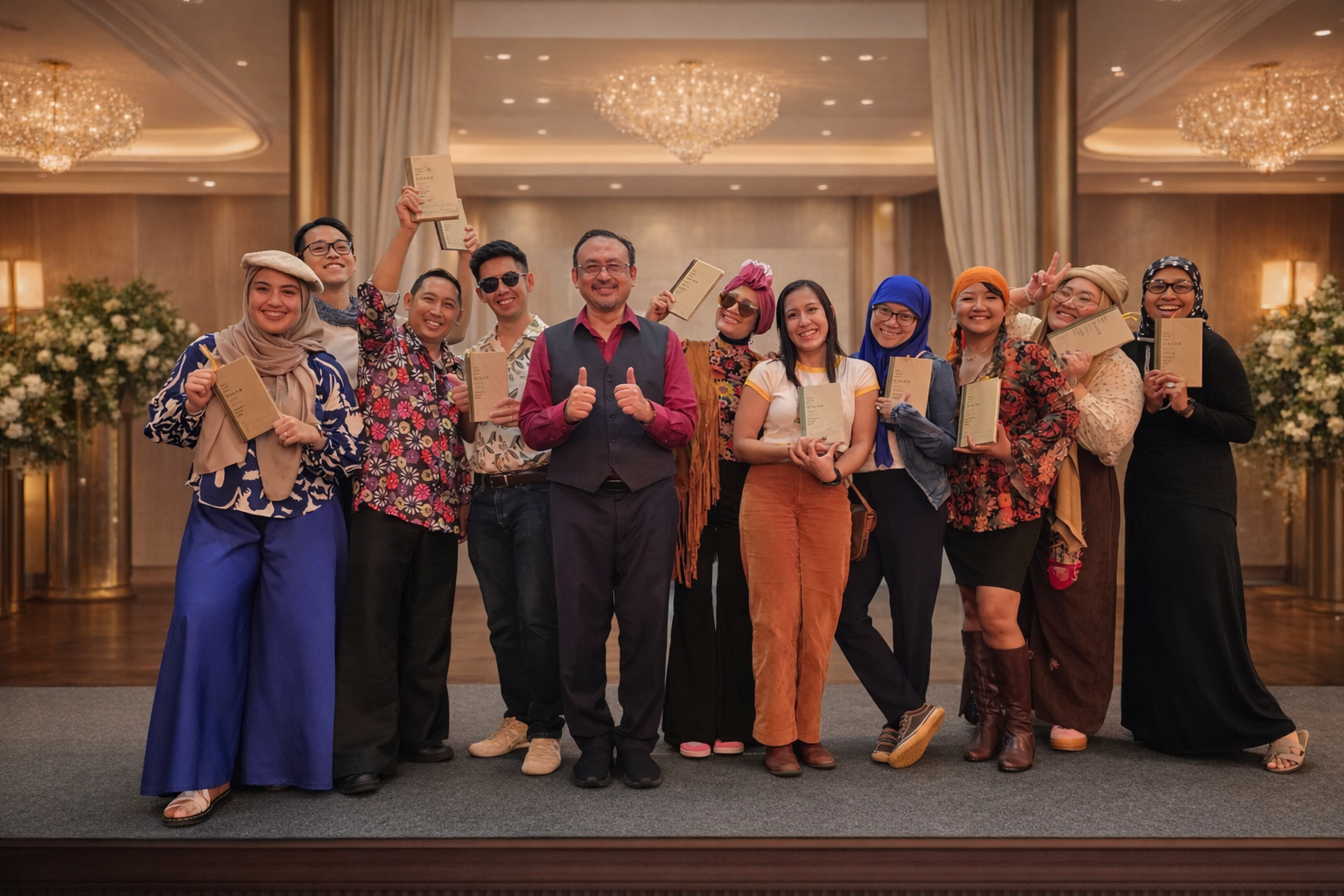 A group of eleven smiling people holding small notebooks in an elegant ballroom with chandeliers.