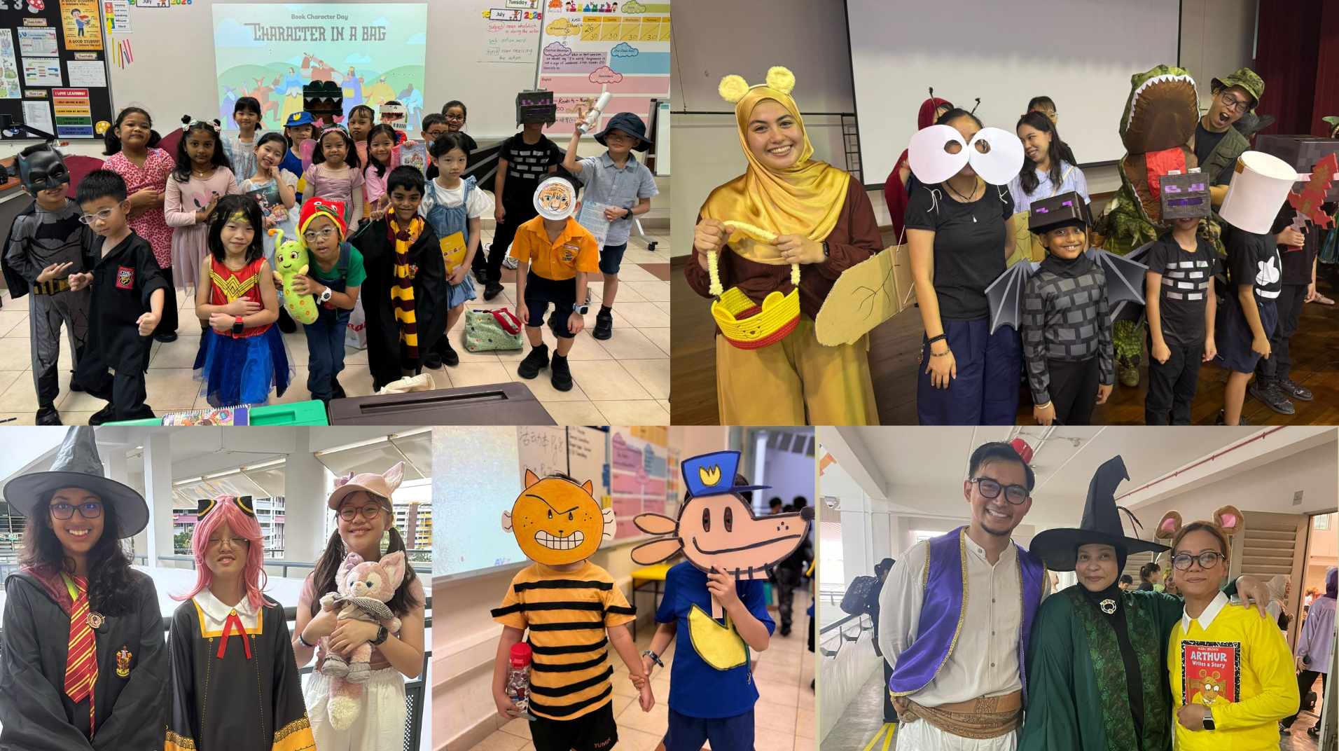 Students and teachers dressed as book characters, including Winnie the Pooh, Harry Potter, and cartoon figures, at a Book Character Day event.