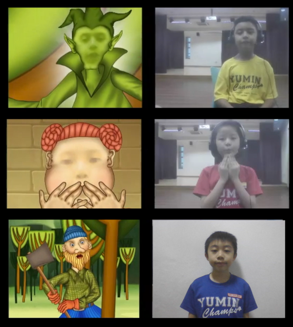Six panels showing three cartoon fairy tale characters paired with three students reciting a story.