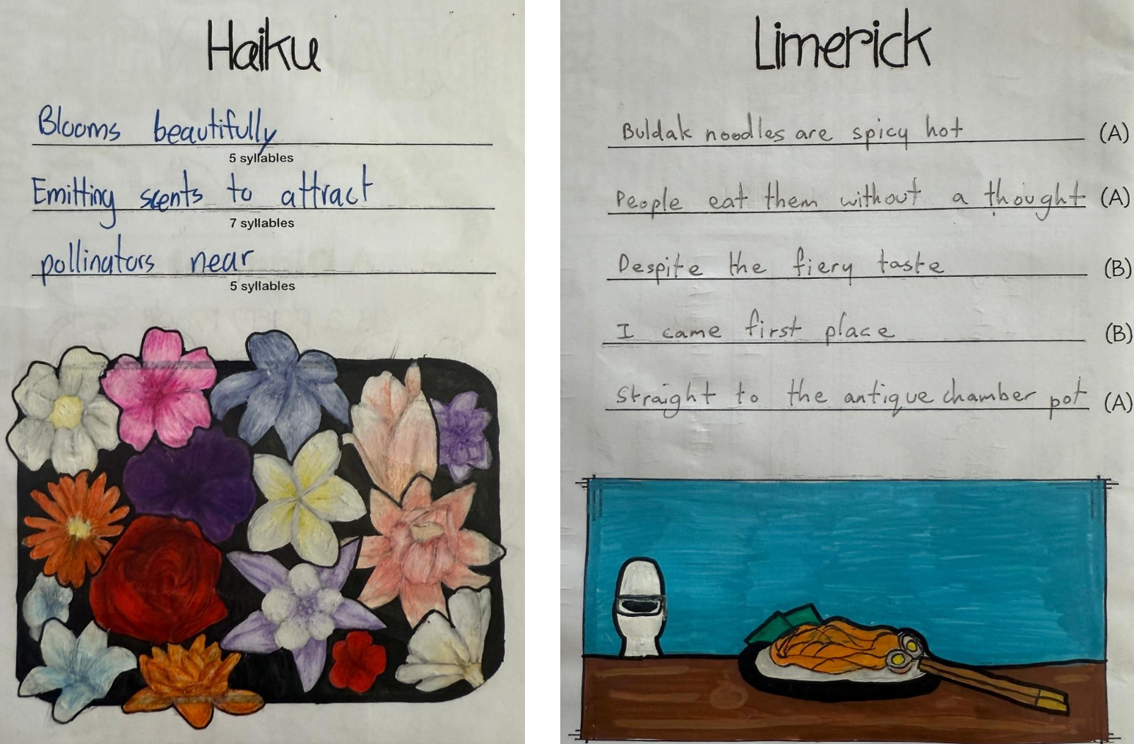 Two handwritten student poems: a haiku about flowers with a colorful floral drawing, and a limerick about spicy noodles with a noodle dish sketch.