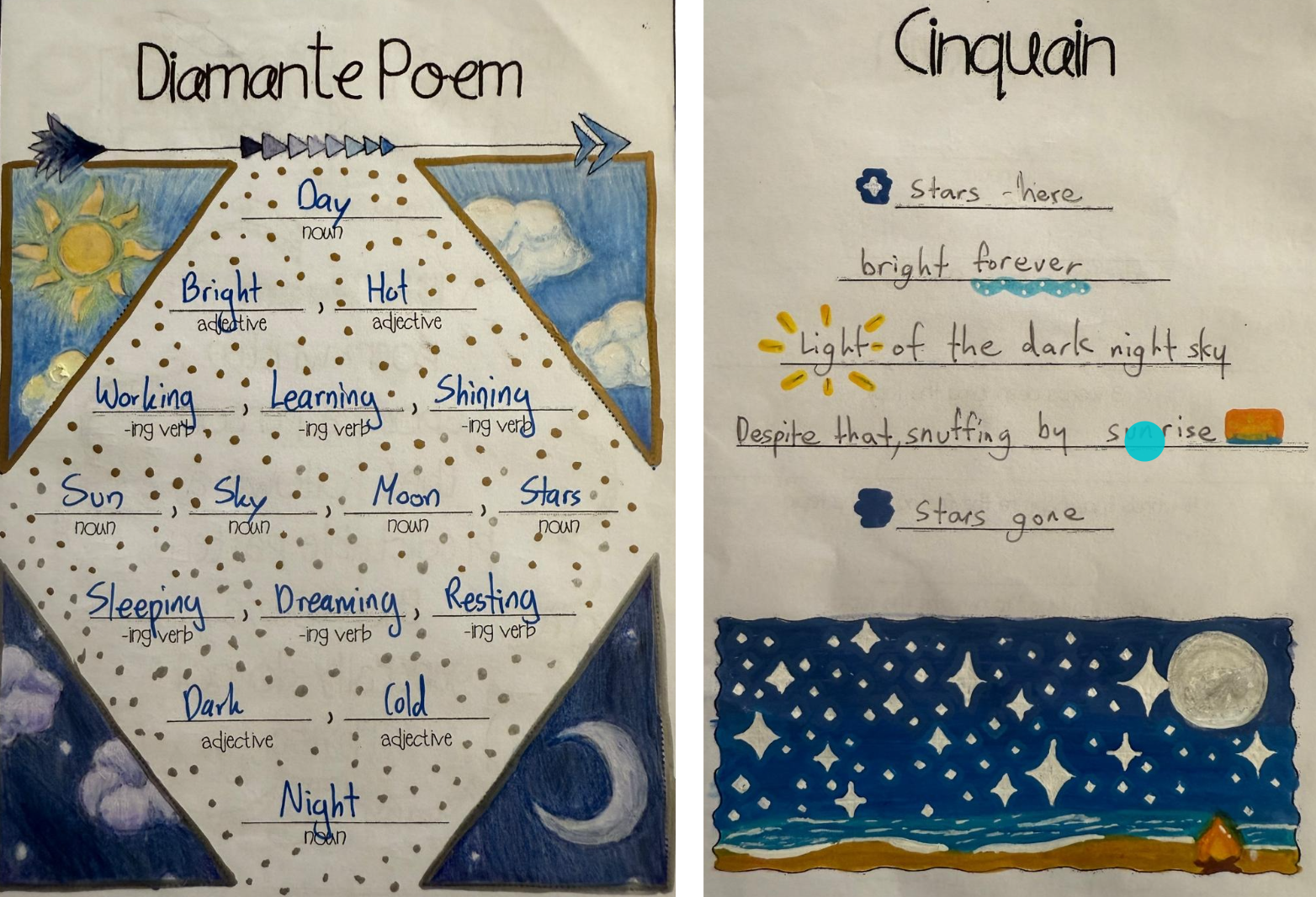 Two handwritten student poems: a Diamante Poem about Day and Night, and a Cinquain about stars, both with hand-drawn illustrations.