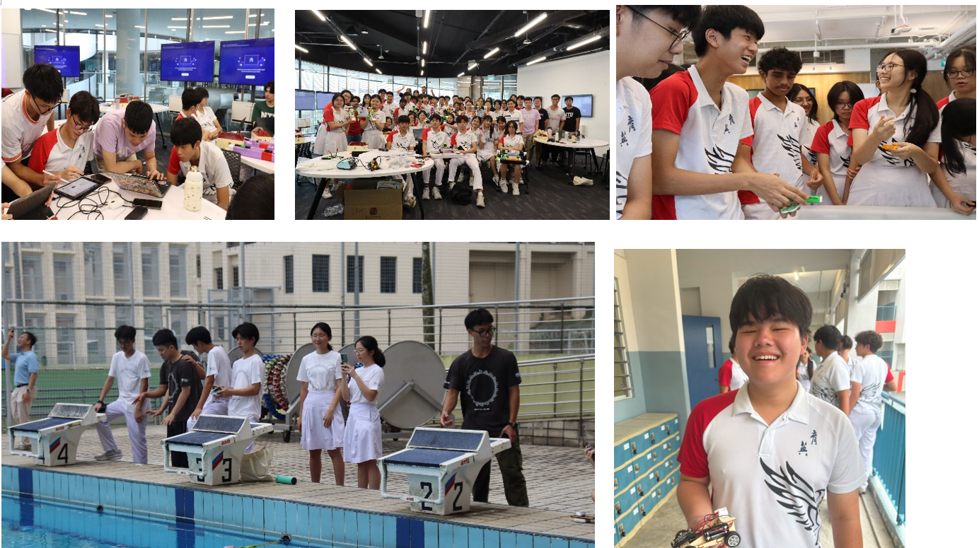 Students in white uniforms work on electronics, pose as a group, test solar boats at a pool, and smile holding devices.