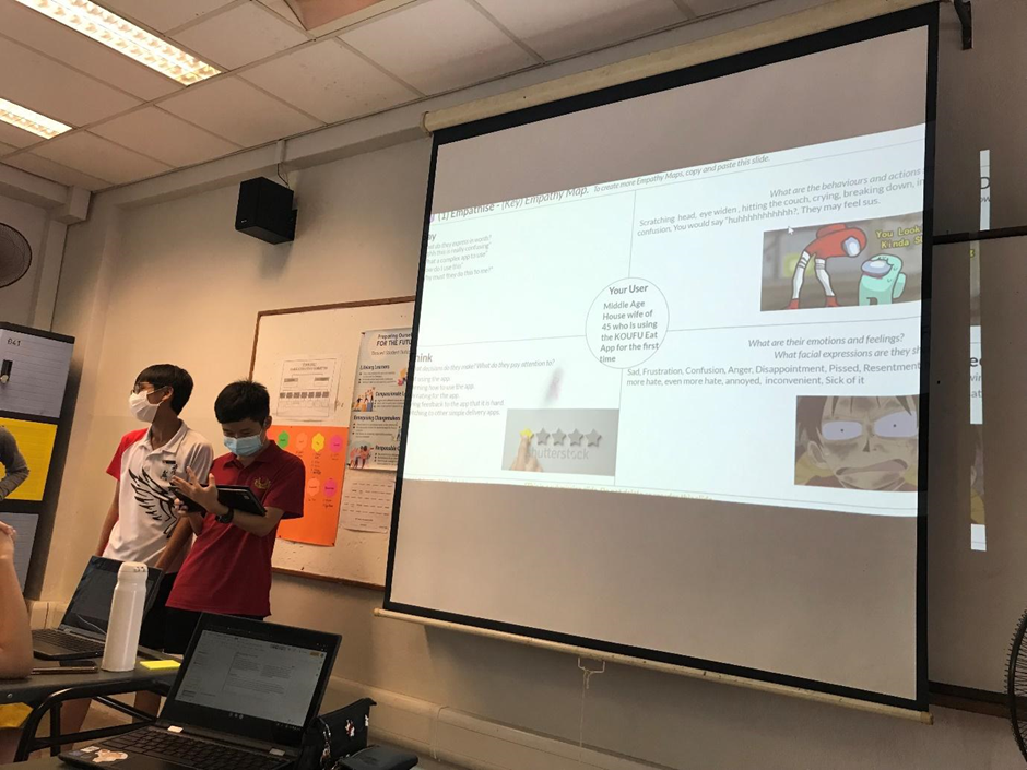 Two masked students stand beside a large projected screen showing an empathy map presentation in a classroom.