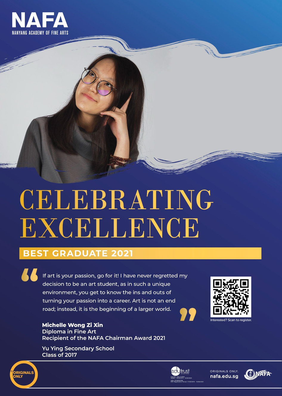 NAFA poster celebrating Best Graduate 2021 Michelle Wong Zi Xin, featuring a young woman with glasses on a blue background.