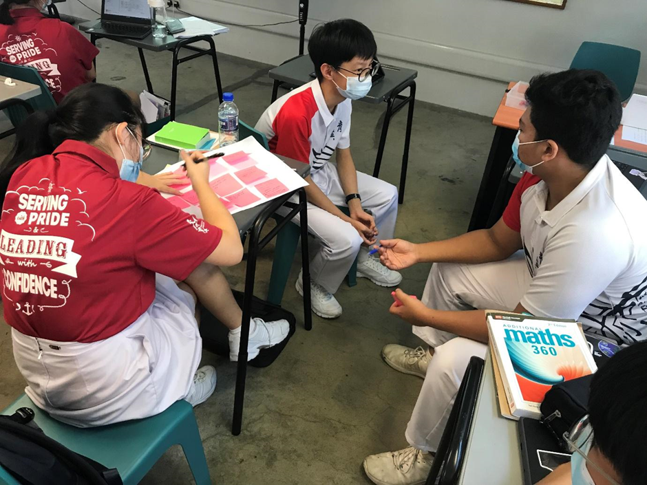 Three masked students in school uniforms sit in a circle during a classroom activity, with a Maths 360 textbook visible.