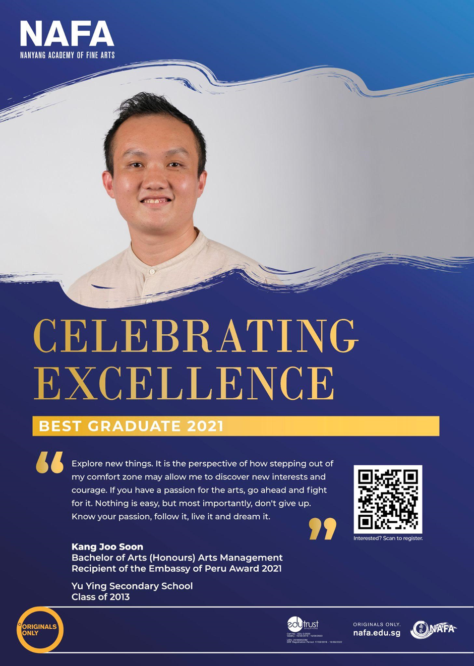 NAFA poster celebrating Best Graduate 2021 Kang Joo Soon, featuring his photo and an inspirational quote on blue background.