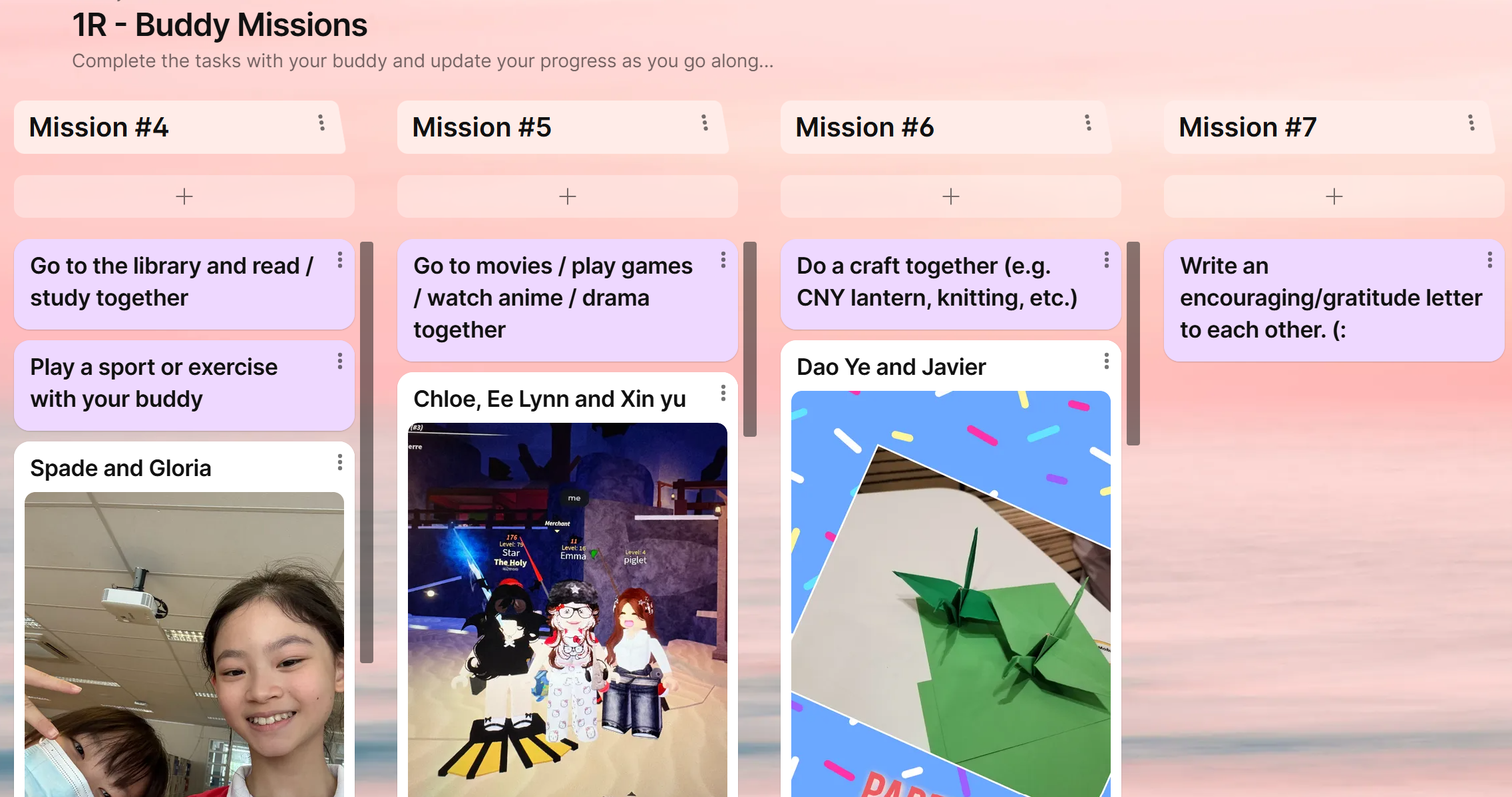 A school buddy missions board with four columns showing tasks like crafts, reading, and games with student progress photos.