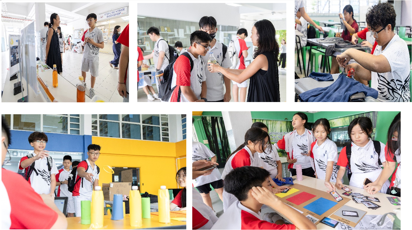Five photos of school students in uniforms doing hands-on activities including ring toss, sorting, and crafts at school.
