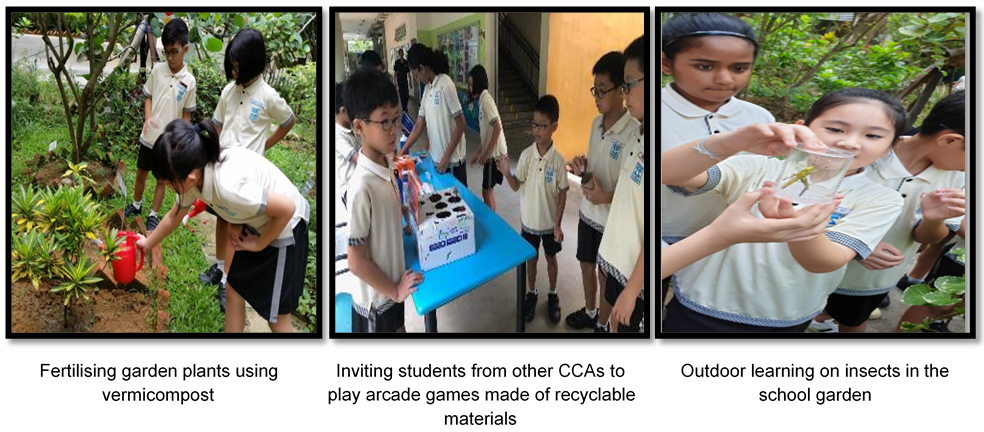 Three school activity photos: students gardening, playing recycled arcade games, and examining insects outdoors.