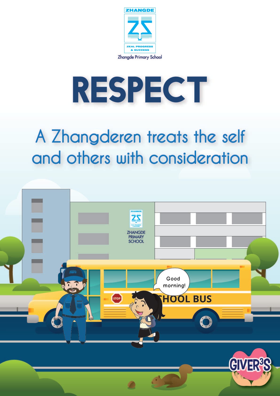 Poster title Respect; Cartoon of kid greeting school bus driver