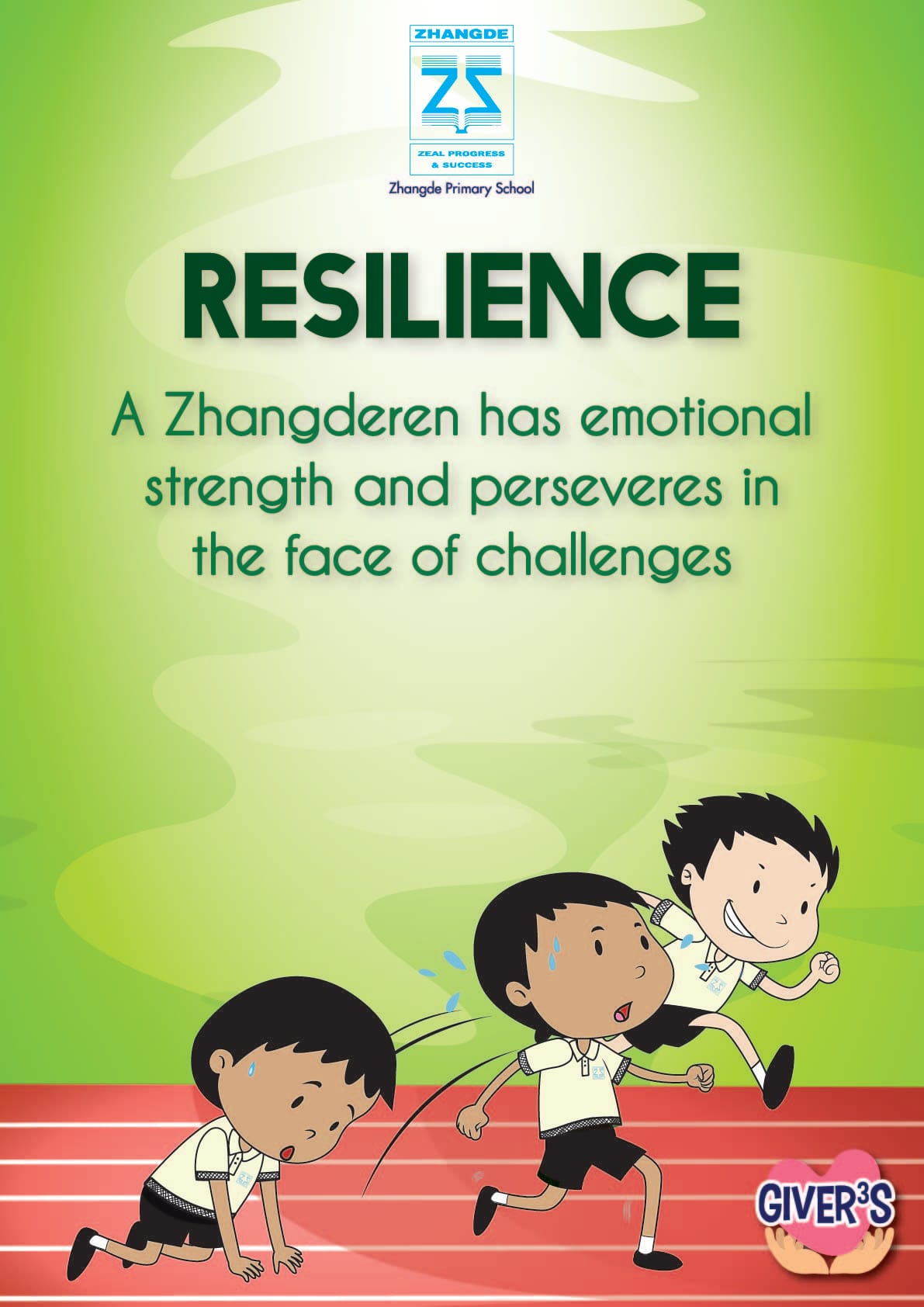 Poster titled RESILIENCE with school logo and cartoon boys running on a track, one falling then continuing.