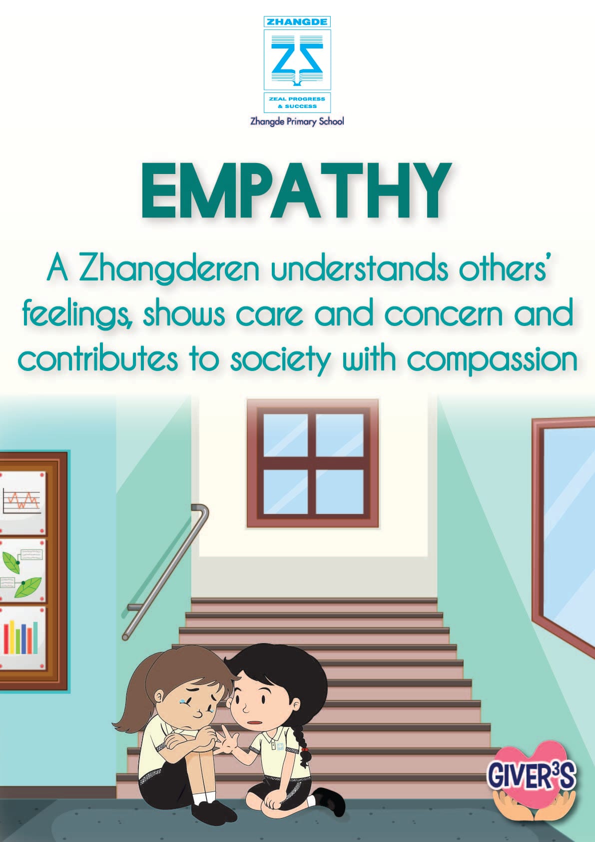 Poster titled EMPATHY with text and two schoolgirls on stairs, one crying as the other comforts her.