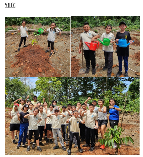 Children holding watering cans and tools outdoors near freshly dug soil and a small planted tree.